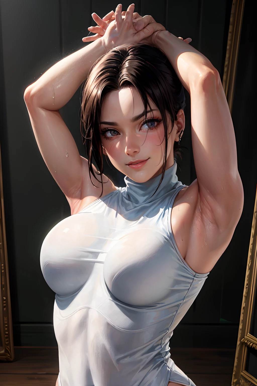 Perfect, masterpiece, (best quality, highres:1.2), 1girl, beautiful detailed eyes, beautiful detailed lips, extremely detailed eyes and face, long eyelashes, medium:oil painting, vivid colors, HDR, studio lighting, ultra-fine painting, sharp focus, physically-based rendering, extreme detail description, portraits, ((organized fingers)), curvy body, big breasts, perfect shape, facing viewer, sweaty, gorgeous, ((arms up)), sleeveless turtleneck, straddling, smiling