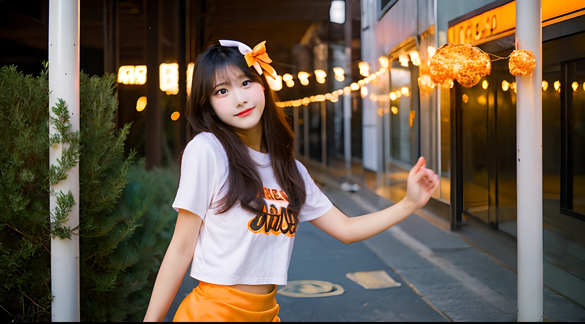 18-year-old cheergirl in an orange miniskirt