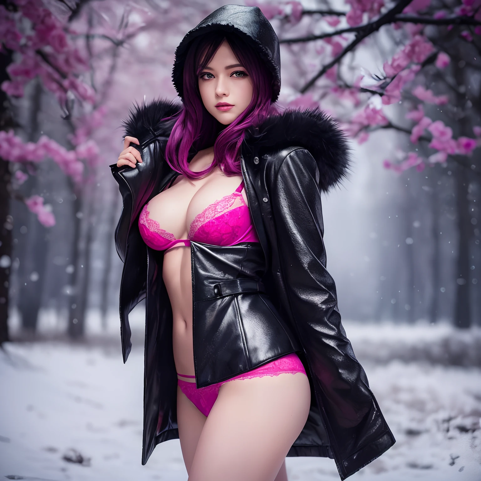finest image, (8k, RAW photo, realistic), detailed and delicate depiction and flashy and dynamic painting method, cool beauty female, iridescent white flowing layered short hair, blue shining big eyes, long eyelashes, double eyelids, half open crimson alluring moist big thick lips, amorous expression, lewd expression, flat chest, abs, slender, perfect proportion, hot pink lace micro mini bra and panty, black leather long coat without buttons, black Ushanka, black engineer boot, blurry background snow field, falling snowflakes and ice crystals, fantasy, many red petals, iridescent golden particles, iridescent light, professional lighting