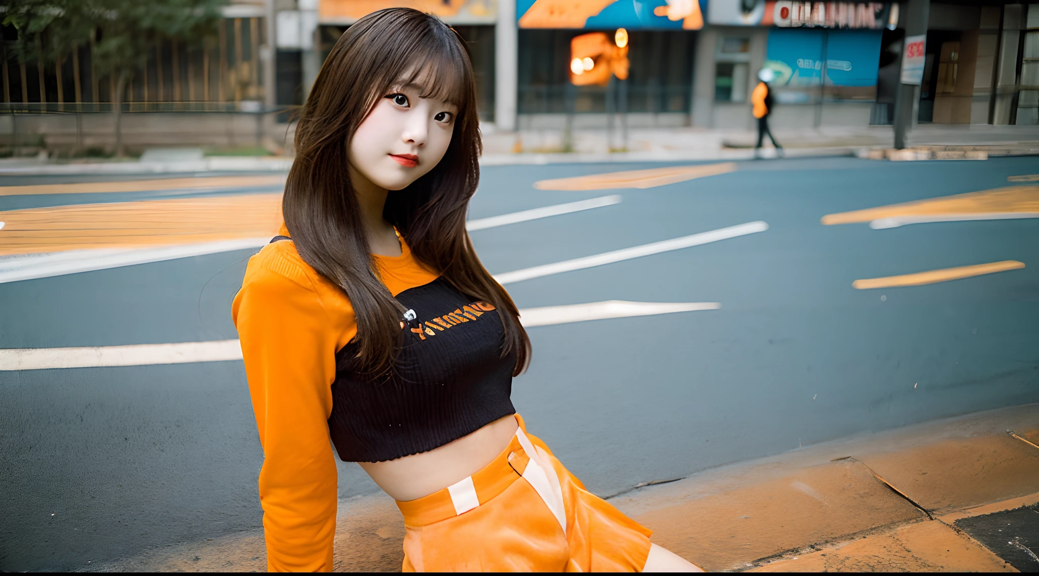 18-year-old cheergirl in an orange miniskirt