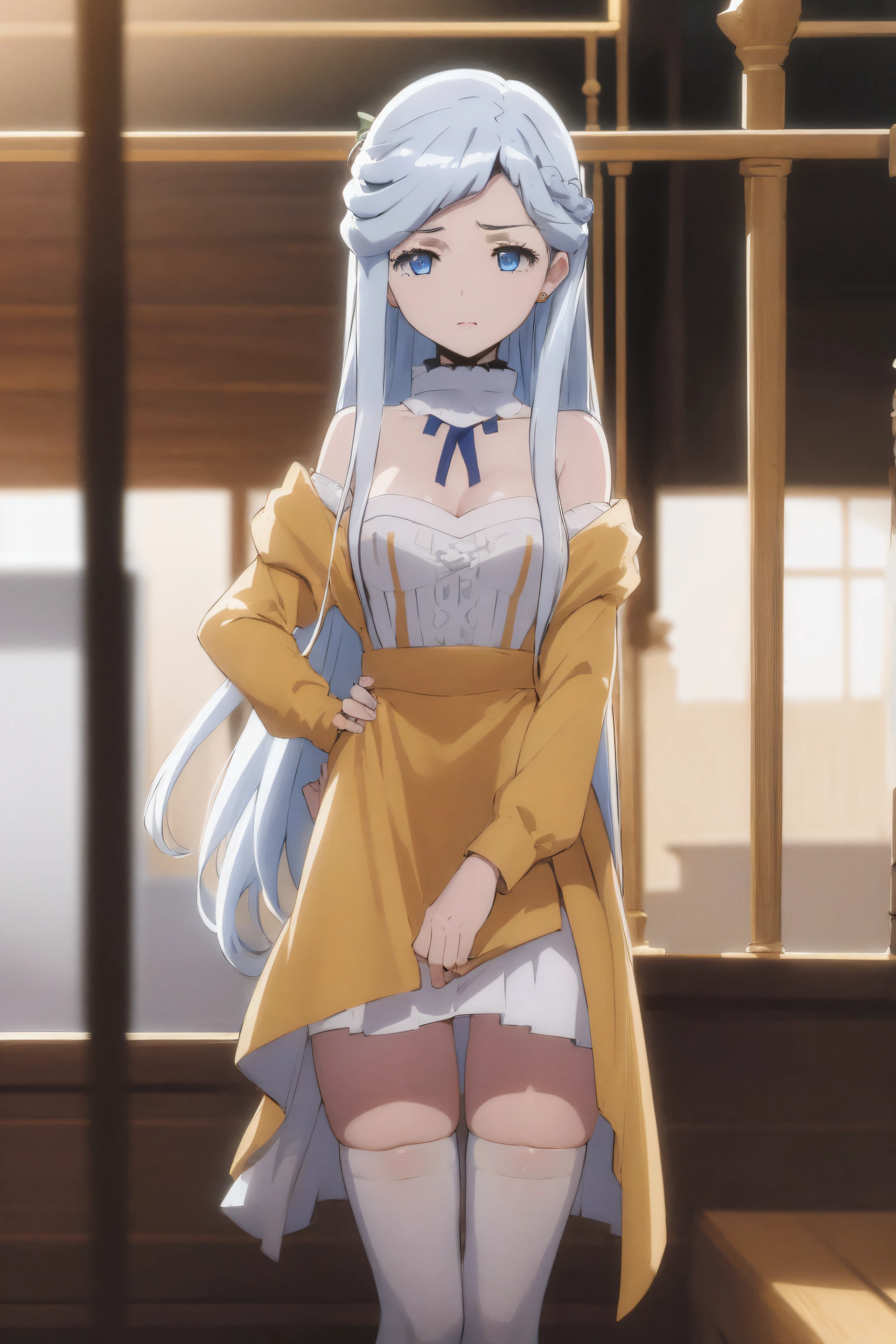 (masterpiece, best quality:1.2), cowboy shot, solo, 1girl ,rayneshia, silver hair , long hair, blue hair,blue eyes,sexy woman, white shirt,yellow skirt,collarbone, cleavage, puffy_short_sleeves,thighhighs, White legwear, no_bra,hand on hip, angry, pov, closed mouth, looking at viewer,NSFW,official art,extremely detailed CG unity 8k wallpaper, perfect lighting, (masterpiece:1.0),(best_quality:1.0), ultra high res,4K,ultra-detailed, photography, 8K, HDR, highres, absurdres:1.2, Kodak portra 400, film grain, blurry background, bokeh:1.2, lens flare, (vibrant_color:1.2),(beautiful_face:1.5),(narrow_waist),(perfect hands, perfect anatomy),