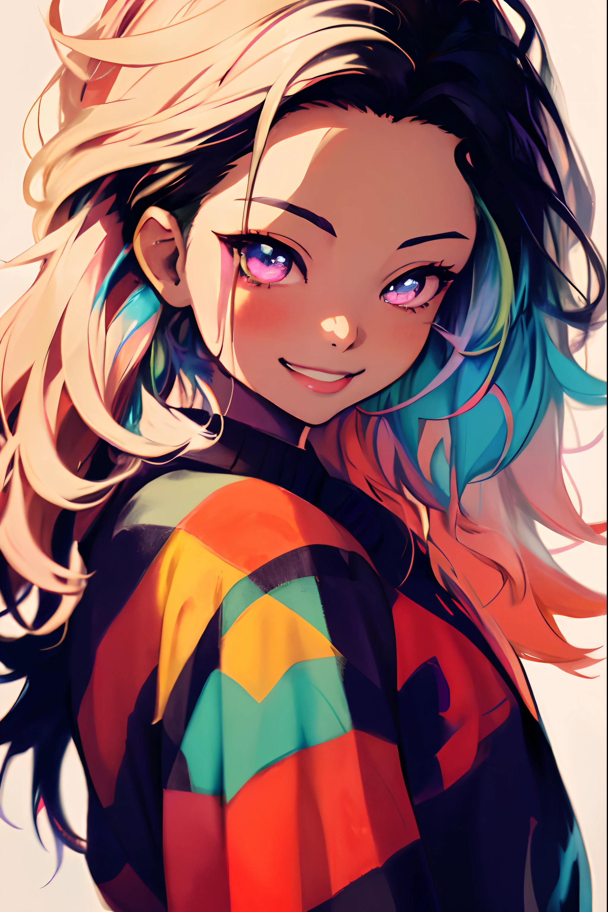 Anime smiling girl with colorful hair and rainbow eyes and colorful sweater, rossdraws cartoon vibrant, :: rossdraws, lois van baarle and rossdraws, rossdraws pastel vibrant, rossdraws 2. 5, rossdraws 1. 0, ross tran style, Rossdraw portrait, rossdraws 2. 0, Colorful, ilya kuvshinov style, digital anime illustration