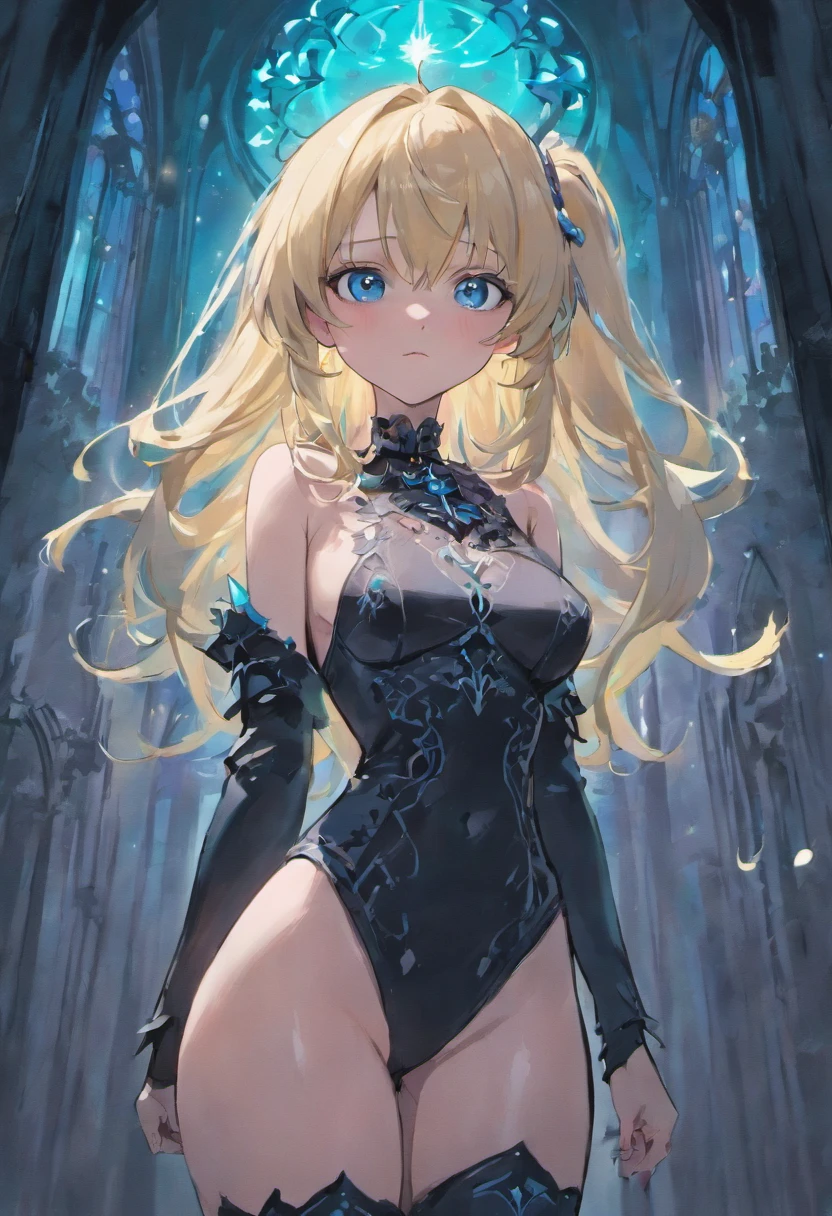 A 5’2” gothic style girl with a relatively thin stature, a blue eye on her right, a grey eye on her right, thick shoulder length messy blonde hair, pale smooth skin, Large , large thighs, and a large bubble .