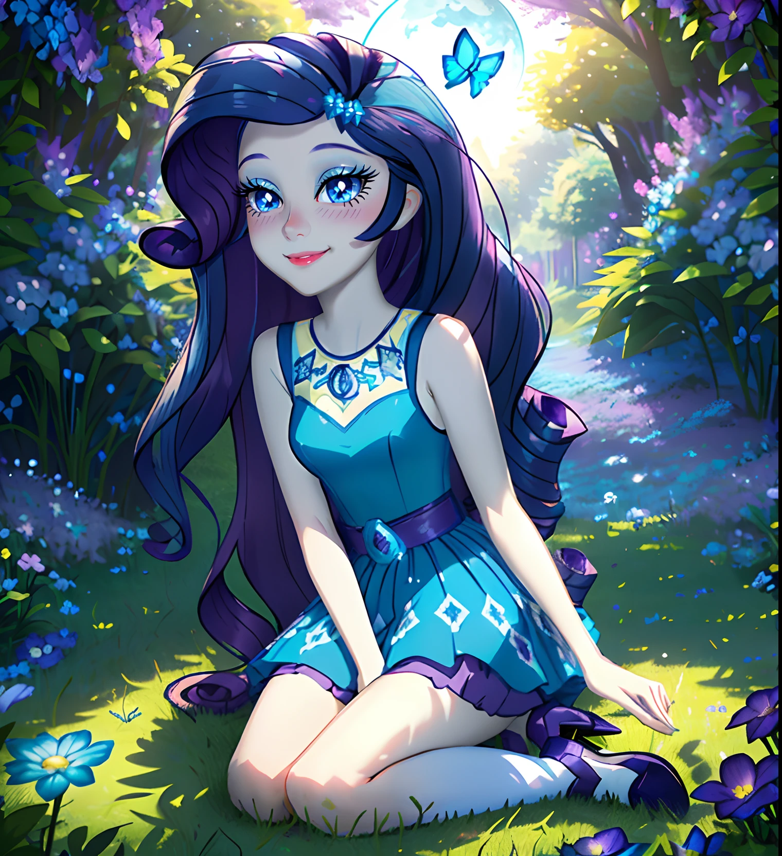 Equestria girls rarity, rarity, rarity in the form of a girl, long dark purple curl hair, blue eyes, long white and blue dress, white thigh high, small blue heels, in a mythical forest, soft blush, soft smile, holding flowers, highly detailed forest, ((bright sunny day 1.0)), highly detailed lighting, yellow light, blue sky, day time, glowing blue butterflies, blue aura blue butterflies, blue eyeshadow ((DARK BLUE EYES 2.0)), full body, sitting on grass, bright blue flowers, flowers everywhere, ((BRIGHT BLUE MOON 1.5))