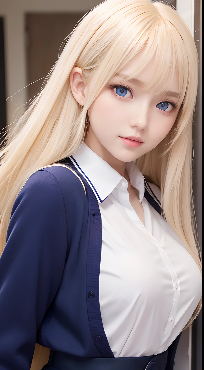 portlate、School Uniforms、bright expression、Young shiny shiny white shiny skin、ultimate beauty girl、Best Looks、The most beautiful bright blonde hair in the world、Super long silky straight hair、Beautiful bangs that shine、Glowing crystal clear attractive big blue eyes、Very beautiful lovely cute girl、Lush bust。