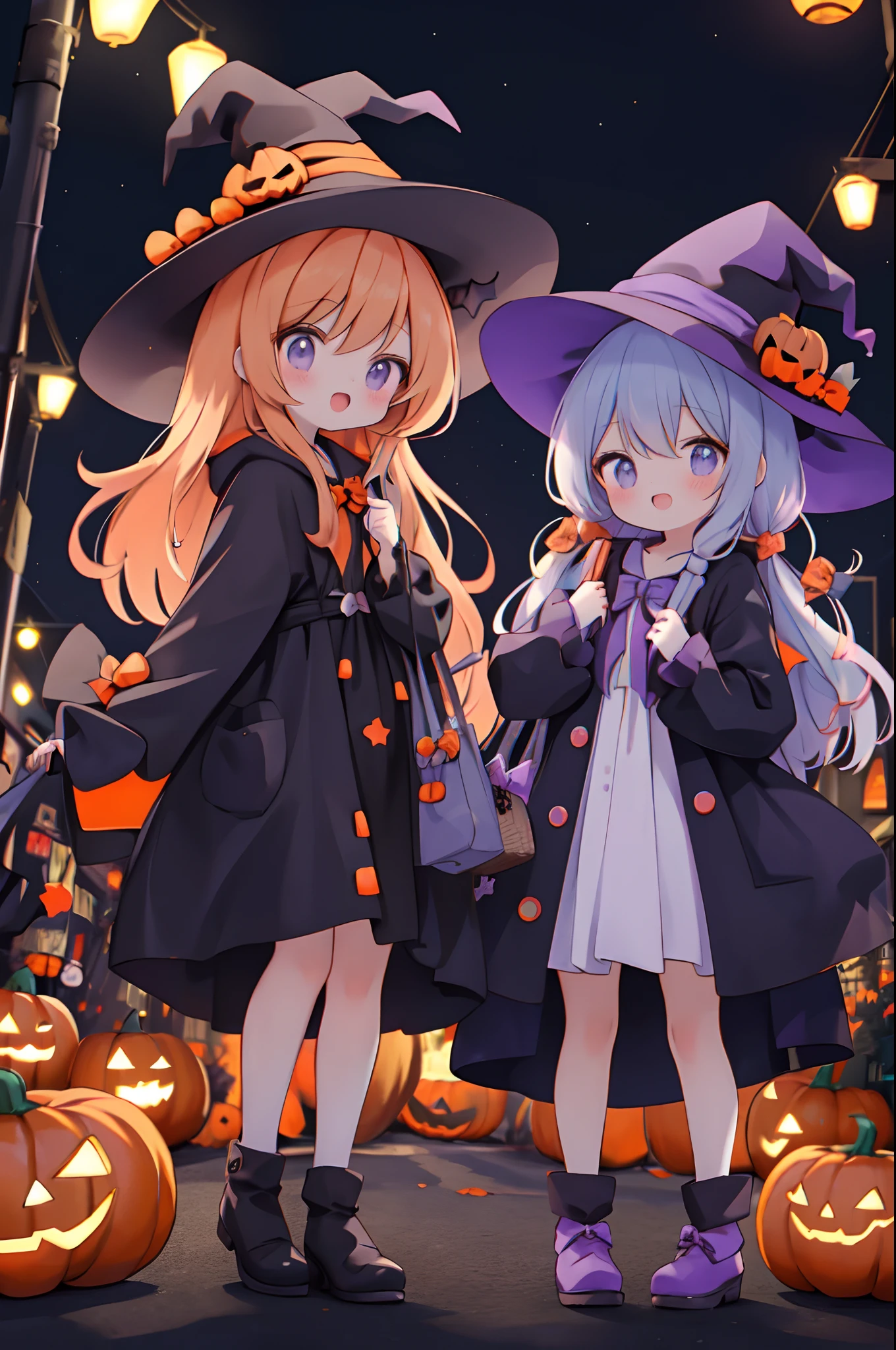 a couple of anime girls in witch costumes going trick or treating in the suburbs of america, the streets are full of halloween decorations and pumpkins with neon purple and orange lights, the setting is nightime on october 31st