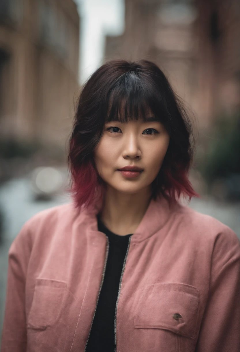 A half Asian women, hyper realistic, beautiful pink hair, grunge aesthetic, grunge clothing,