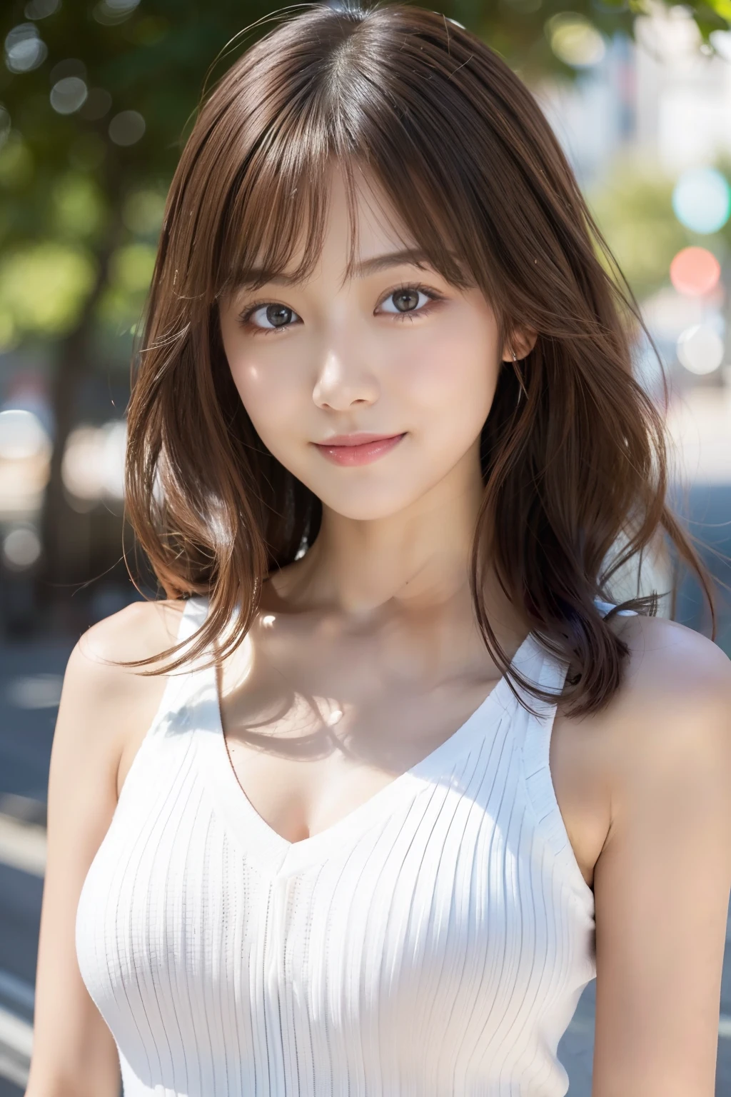 （1girll:1.2），(8K, Best Quality, tmasterpiece), (Realistic, Photorealsitic:1.37), ultra - detailed, adolable, 独奏, Cute Japan Woman,brown haired,By bangs, Curly, Hair on the shoulders, beautiful and delicate eyes,The eyes speak for a smile，Moisturizes skin,V-neck white knit，Stimulating，so sexy，Bright sunshine、细致背景、