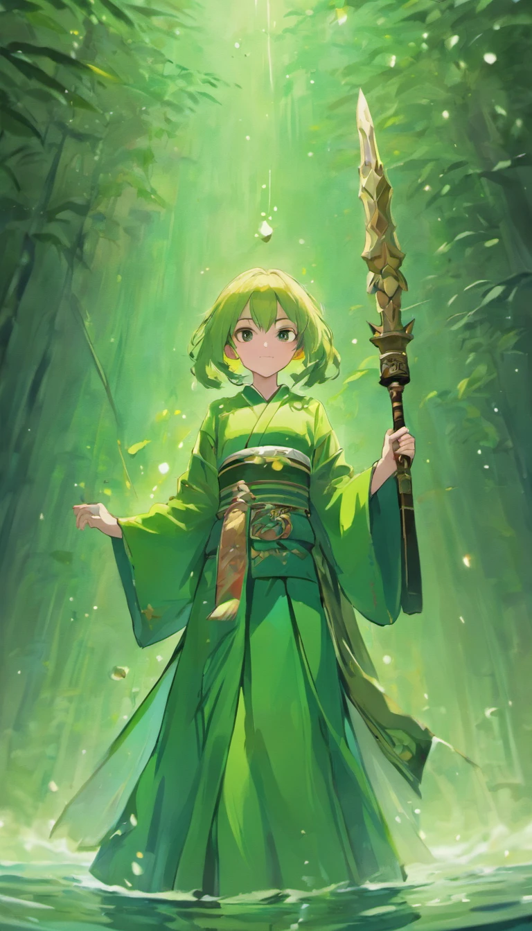 a beautiful Japanese woman in a green kimono holding her sword in, in the style of hyper-realistic water, charming anime characters, western zhou dynasty, spectacular backdrops, intense close-ups, anime aesthetic, light blue and black --ar 61:128 --s 750 --niji 5