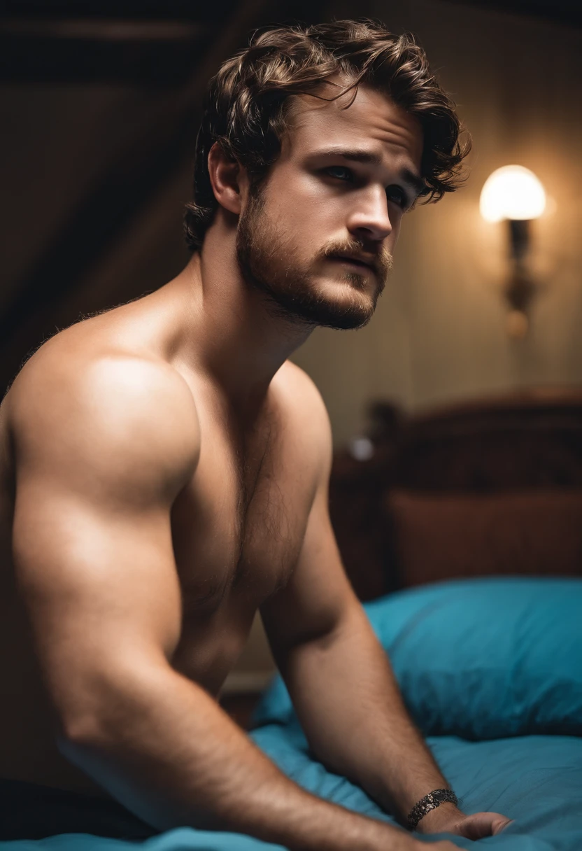 Josh Hutcherson tied up oily sweaty buff beard on bed hairy pits