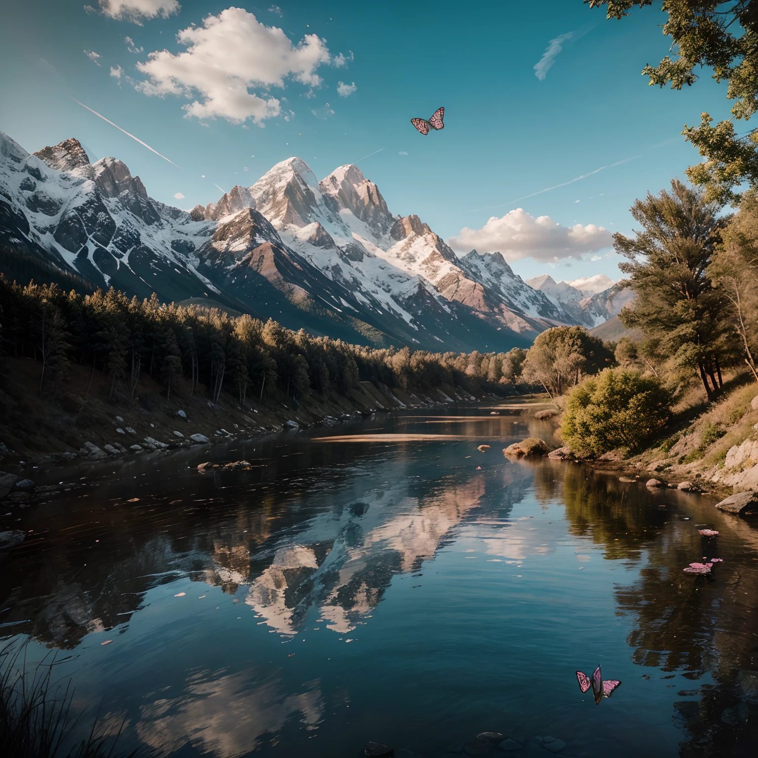 snowy mountains behind a valley. transparent water. bright flowers. intense colours. stones. butterflies. clouds. full midday sun. soft pink light. ranges of purple. 3d rendering. ultrarealistic. high contrast. vibrant colors. deer and butterflies