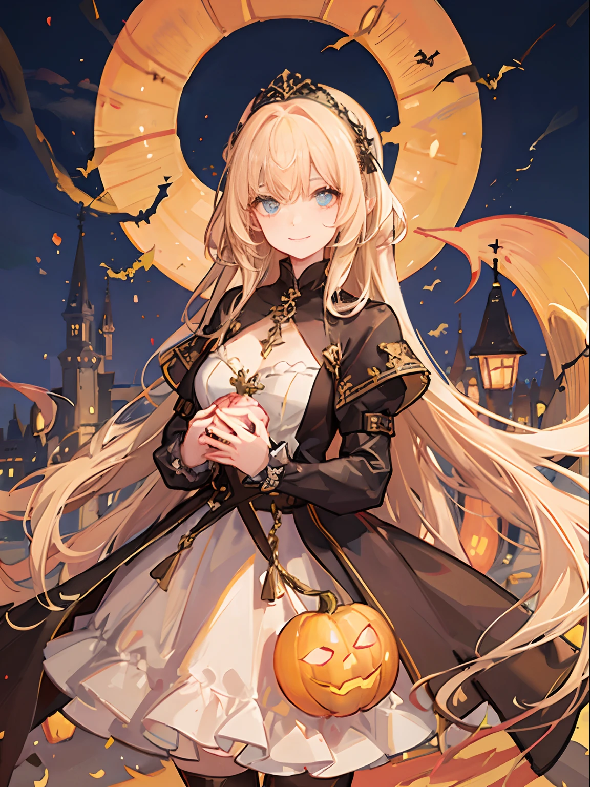 Jack-o'-lantern in hand, Medieval European cityscape on Halloween,  Smiling girl facing the front , eyes are brown, Blonde girl in pearl pink dress, Her hair is long、Fluttering in the wind, Transparent cloth dress shimmering in the light.