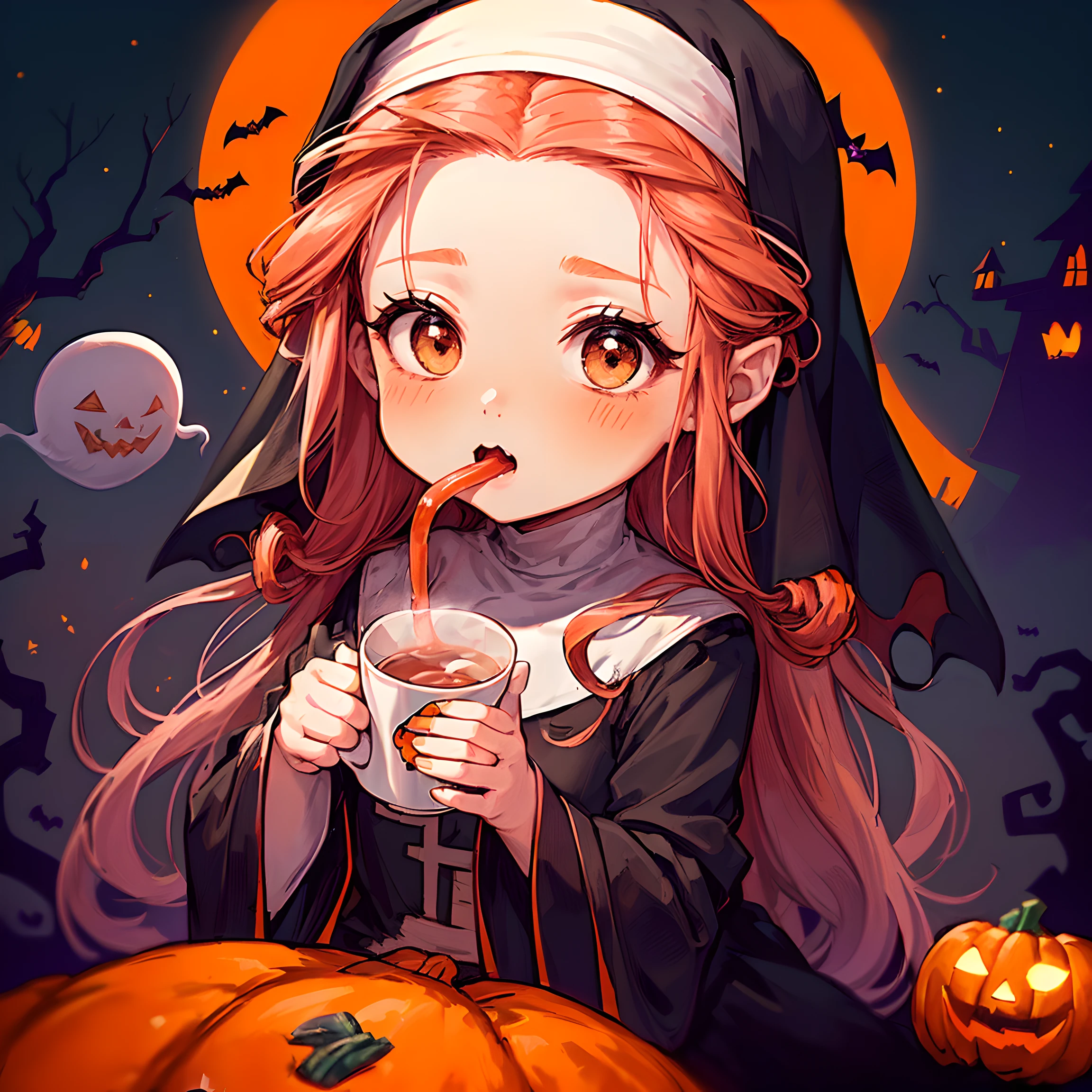 (Halloween theme:1.5), (magic:1.5), (fantasy:1.5), (centered image:1.5), (dark night sky:1.5), (cloud:1.5), (chibi emote:1.5), (chibi character:1.5), (Halloween tea party:1.5), (pumpkin monster:1.5), (cute ghost:1.5), (medusa:1.5), (mummy:1.5), (orange theme clothes:1.5), (drinking a cup of tea:1.5), (nun:1.5), (zombi:1.5),