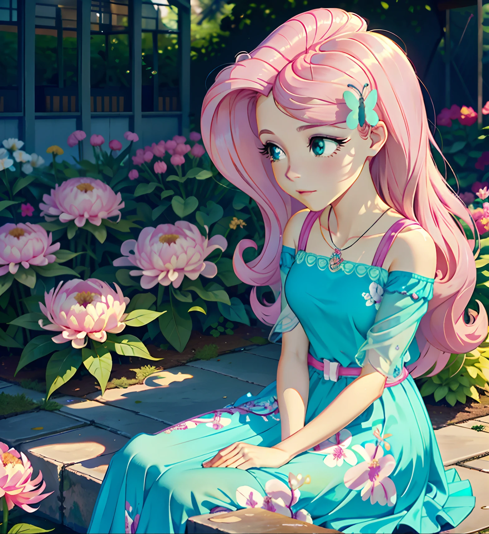 Fluttershy, fluttershy from equestria girls, fluttershy in the form of a girl, lush breast, pink long wavy hair, soft smile, flowers, butterflies, (top quality, masterpiece, ultra-realistic), rainy day, raining, wet ground, puddle, indoor botanical garden, dome, lots of flowers, dense mass plants, the background landscape is a garden with petals, Dahlia peony flowers everywhere, turquoise eyes, turquoise eyeshadow, green dress, butterfly hair clip, derailed lighting, sunlight, yellow pure light, sitting, heavenly plants, hanging planters