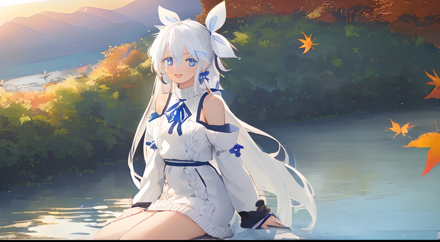 ((((1 girl)))), ((((solo)))), fullbody, ((((white hair)))), long hair, ((((blue hairribbon)))), ((((blue eyes)))), happy, smile, 18 year old, dynamic angle, Cold-Shoulder Sleeves, (((knit))),  Hip Length, sleeves_past_wrists, sunset, Charming autumn park with golden leaves and a tranquil pond