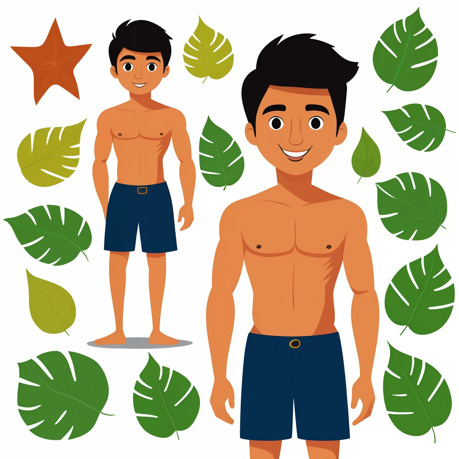 Dysney 3d a young indigenous man, various poses and expressions on a white background, children's book illustration style, simple, , short black hair, shirtless, with a leaf instead of shorts