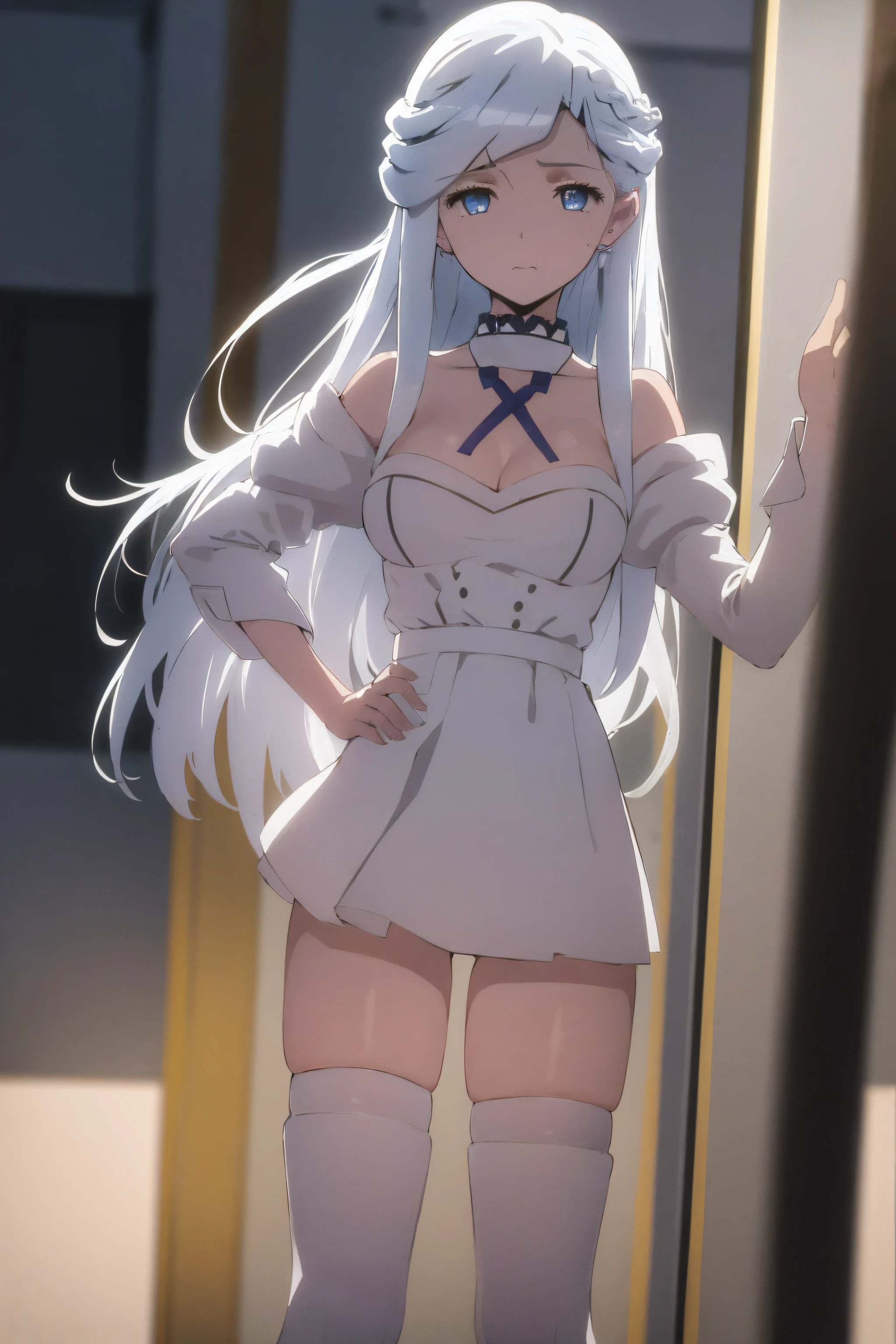 (masterpiece, best quality:1.2), cowboy shot, solo, 1girl ,rayneshia, silver hair , long hair, blue hair,blue eyes,sexy woman, white shirt,yellow skirt,collarbone, cleavage, puffy_short_sleeves,thighhighs, White legwear, no_bra,hand on hip, angry, pov, closed mouth, looking at viewer,NSFW,official art,extremely detailed CG unity 8k wallpaper, perfect lighting, (masterpiece:1.0),(best_quality:1.0), ultra high res,4K,ultra-detailed, photography, 8K, HDR, highres, absurdres:1.2, Kodak portra 400, film grain, blurry background, bokeh:1.2, lens flare, (vibrant_color:1.2),(beautiful_face:1.5),(narrow_waist),(perfect hands, perfect anatomy),