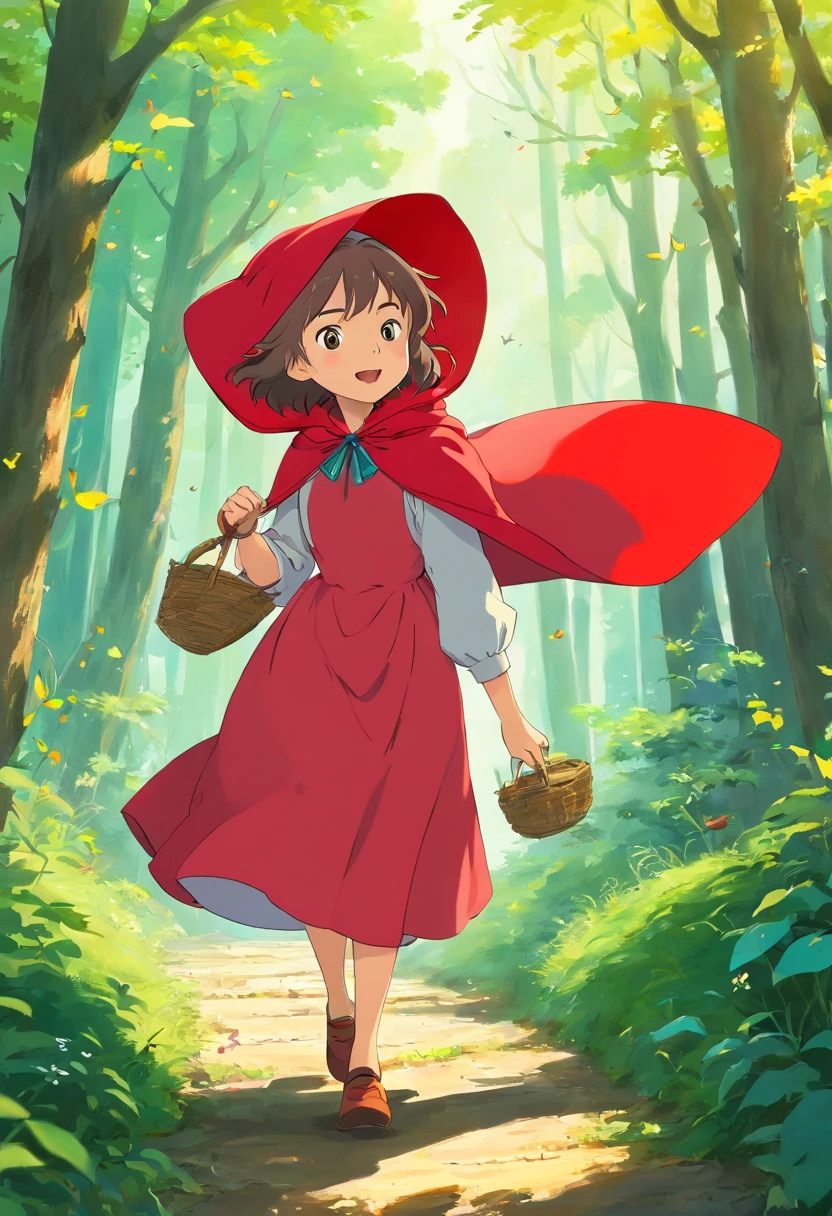 Little Red Riding Hood wears a gorgeous red dress，Wears a cute red hat，Showing her innocent and lovely image，She tread the trail happily，Beside him are cheerful birds singing in the branches，The sound of the breeze blowing the leaves echoes in the air，Adds a sense of dynamism and joy to the whole scene。in the style of Hayao Miyazaki