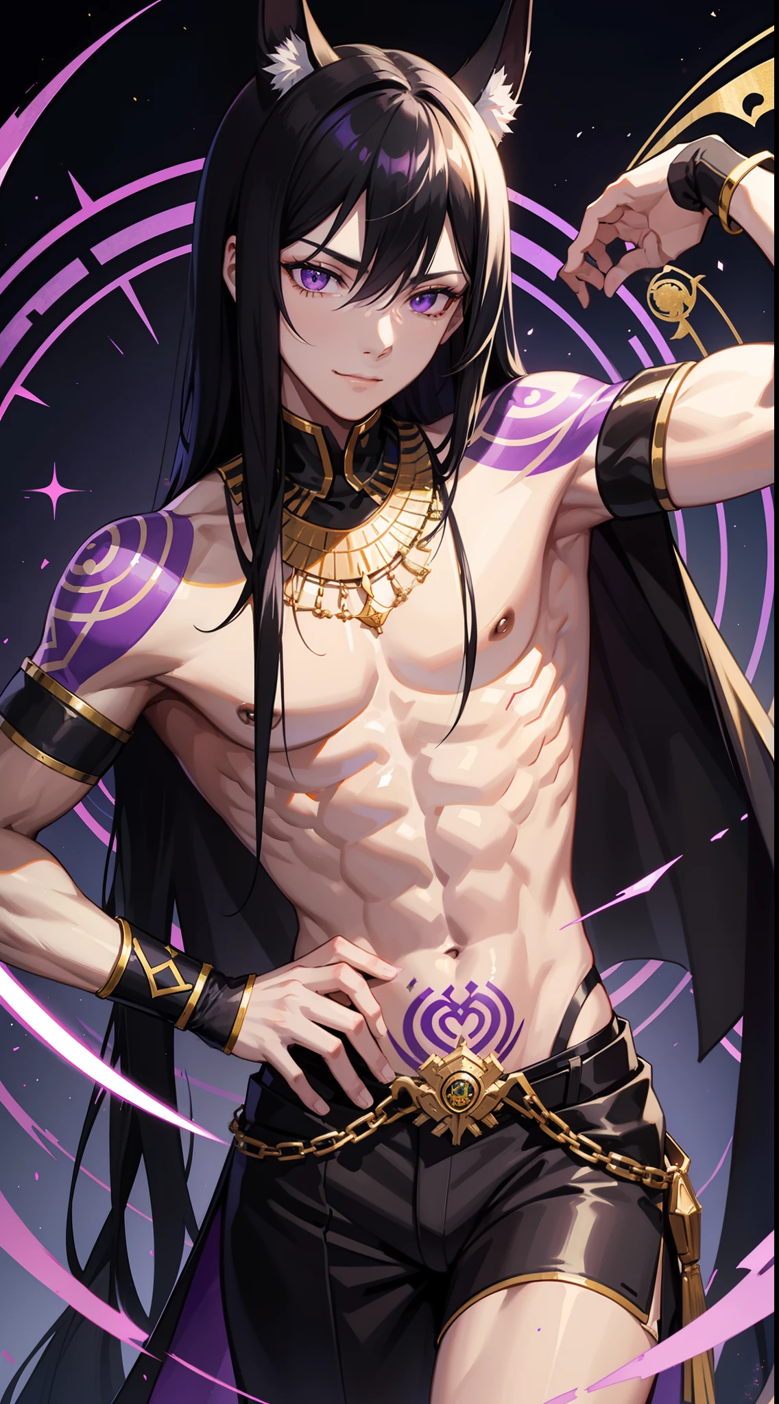 young guy, longue black hair, violet strands, violet eyes, smirk, tattoo, Pharaoh, Egypt prince, Anubis, open torso, muscles, Masterpiece, hiquality, 4k, HD, Good detail