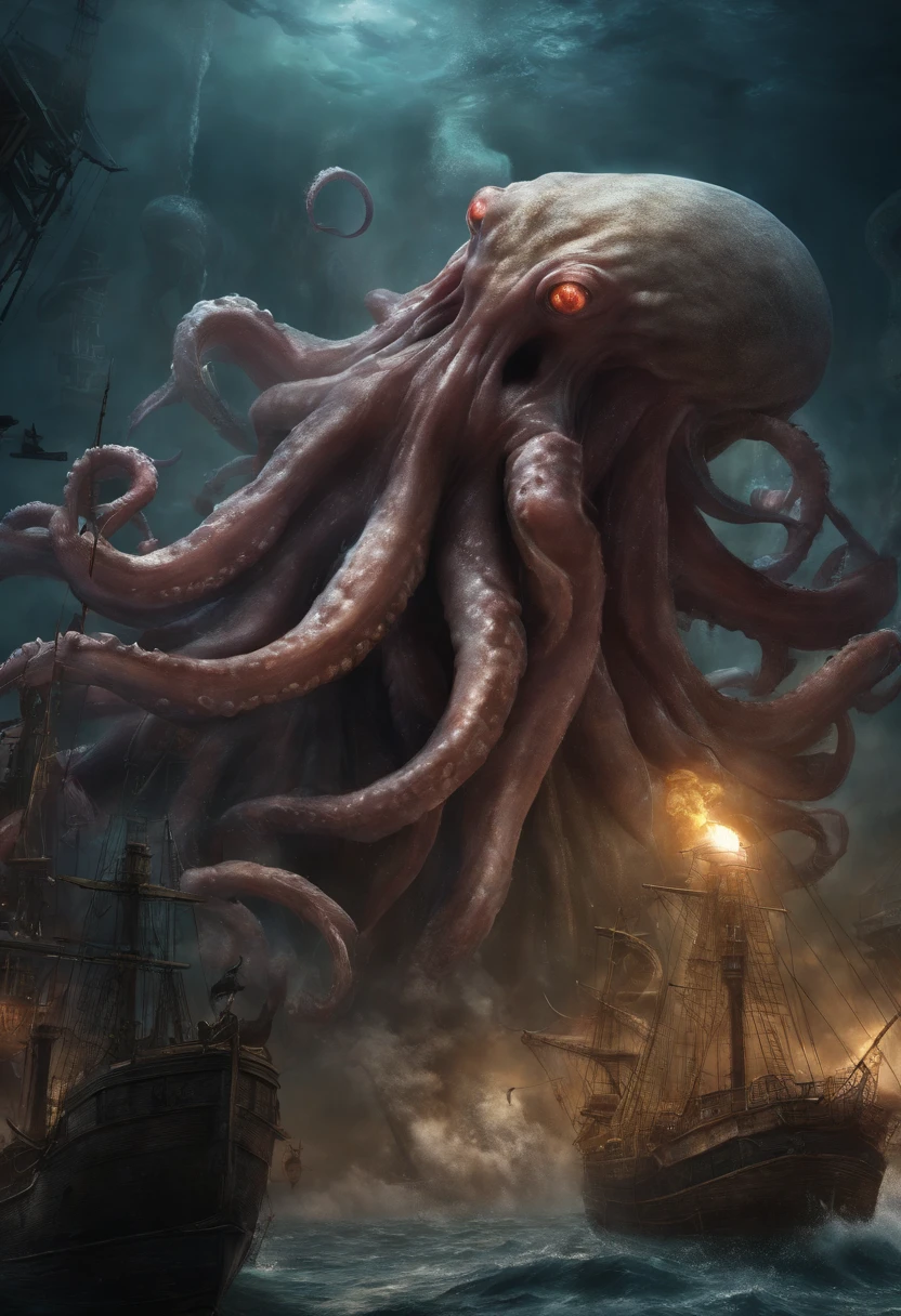 Giant octopus monster,Cthulhu in the Cthulhu Mythos,(glowing light eyes:1.5),with her mouth open,dongquan,extremly high detail,High chiaroscuro,4K,unreal 5 render,Best quality at best,tmasterpiece,Rendered by Octane,Looking directly at,extremely dangerous,The huge body is shocking,The huge body is hidden in the deep sea,Only part of body exposed,ships sailing at sea,Lots of ships,(Hazy smoke:1.2),Unable to see the whole body clearly,The horror of despair,The atmosphere is oppressive,The scene is very spectacular,Hero holding sword,Fight back bravely,real face