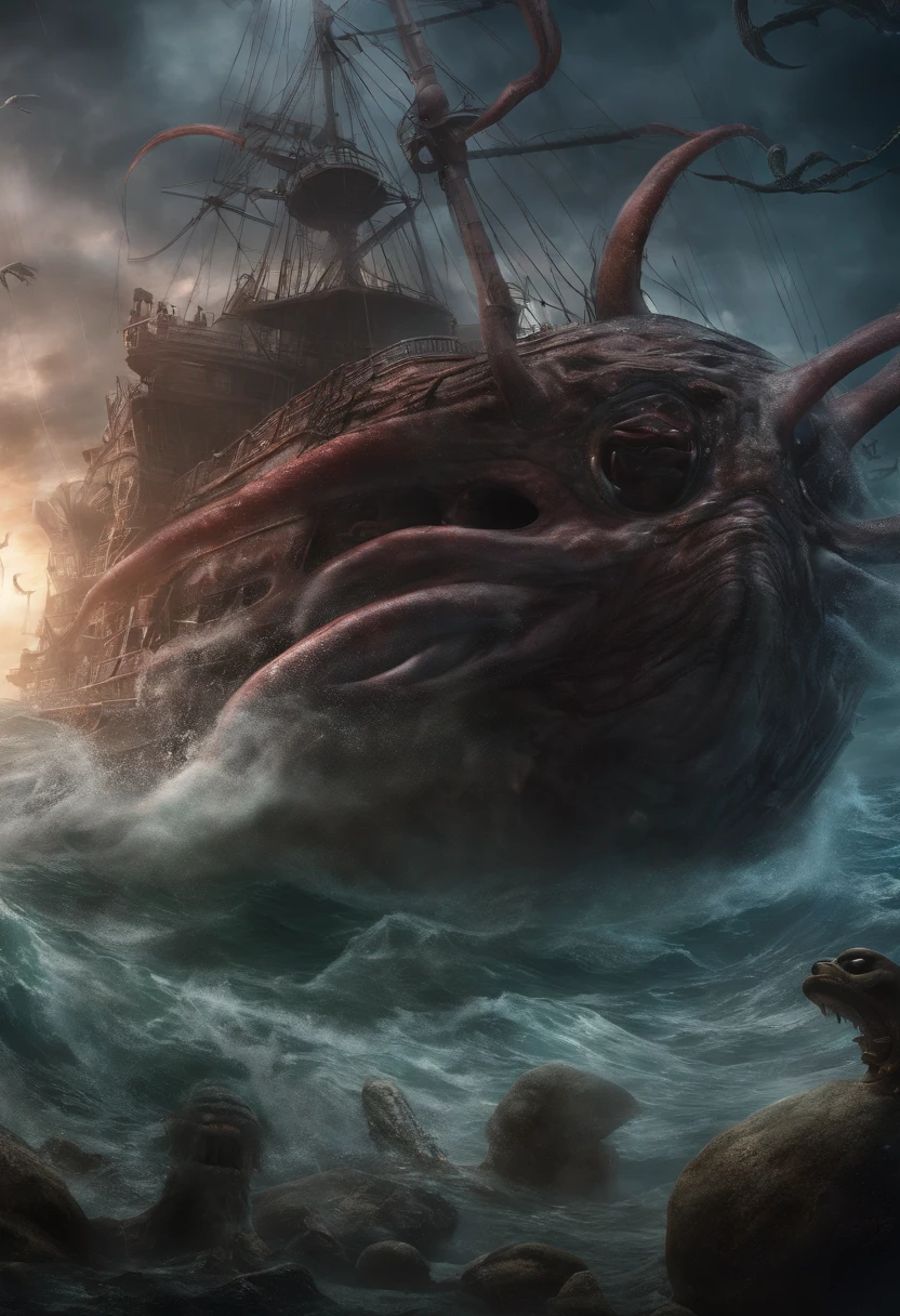 krakens, A giant evil squid shipwreck devours humanity under a nightmare moon