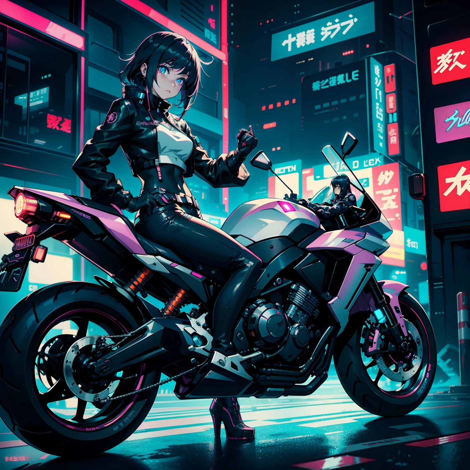 Futuristic city motorcycle anime girl with neon lights, Digital Art of Cyberpunk Anime, cyberpunk anime girl, cyberpunk anime art, cyberpunk art style, cyberpunk anime art, female cyberpunk anime girl, Cyberpunk Girl Anime Mecha, digital cyberpunk - anime art, modern cyberpunk anime, cyber punk Girl, cyberpunk themed art, Cyberpunk Pretty Girl, anime cyberpunk, Sitting on a cyberpunk bike，metalic，neon color，Rin々Nice Lori