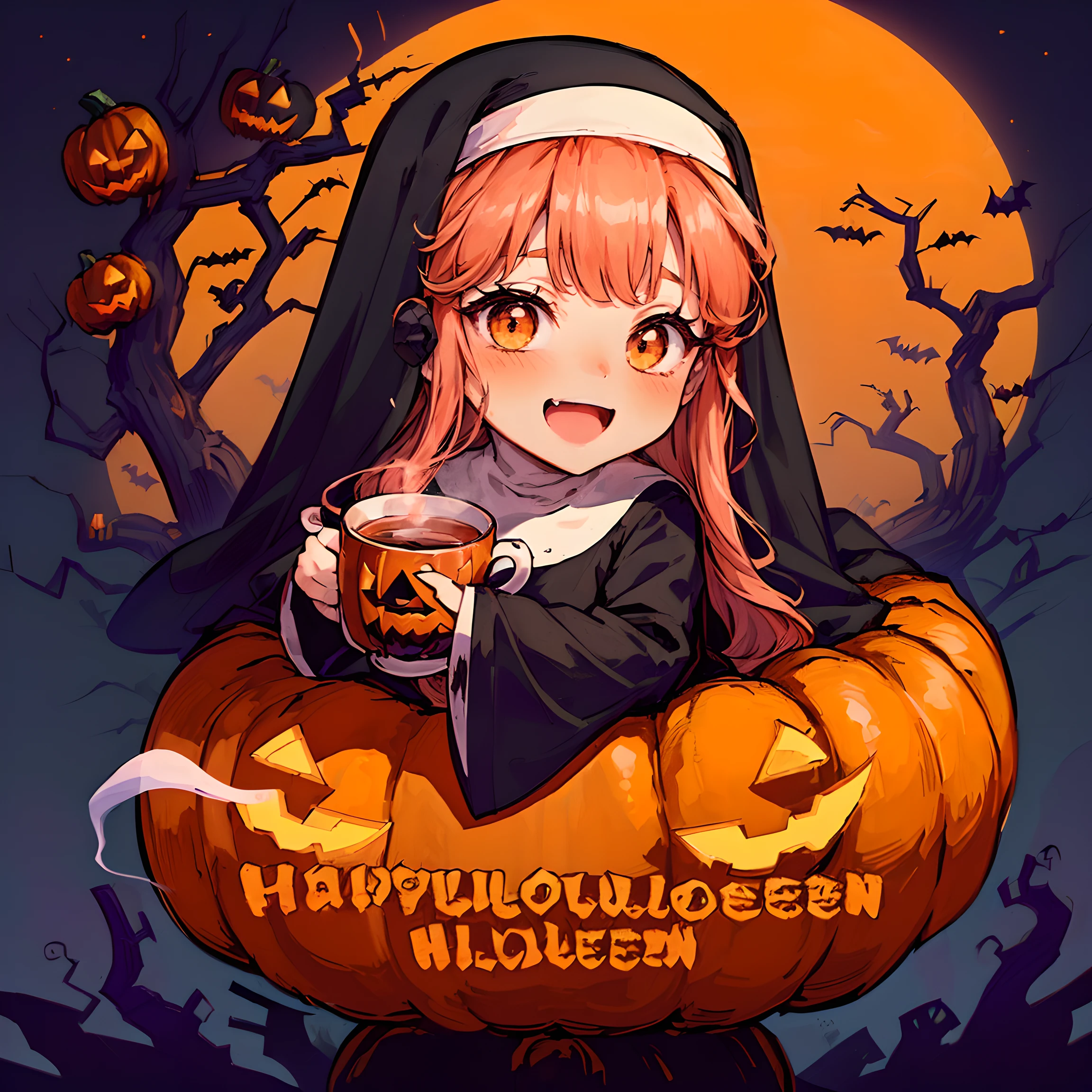 (Halloween theme:1.5), (magic:1.5), (fantasy:1.5), (centered image:1.5), (dark night sky:1.5), (cloud:1.5), (chibi emote:1.5), (chibi character:1.5), (Halloween tea party:1.5), (pumpkin monster:1.5), (cute ghost:1.5), (medusa:1.5), (mummy:1.5), (orange theme clothes:1.5), (drinking a cup of tea:1.5), (nun:1.5), (zombi:1.5), (trick or tree:1.5), (happy halloween:1.5), (orange theme:1.5),