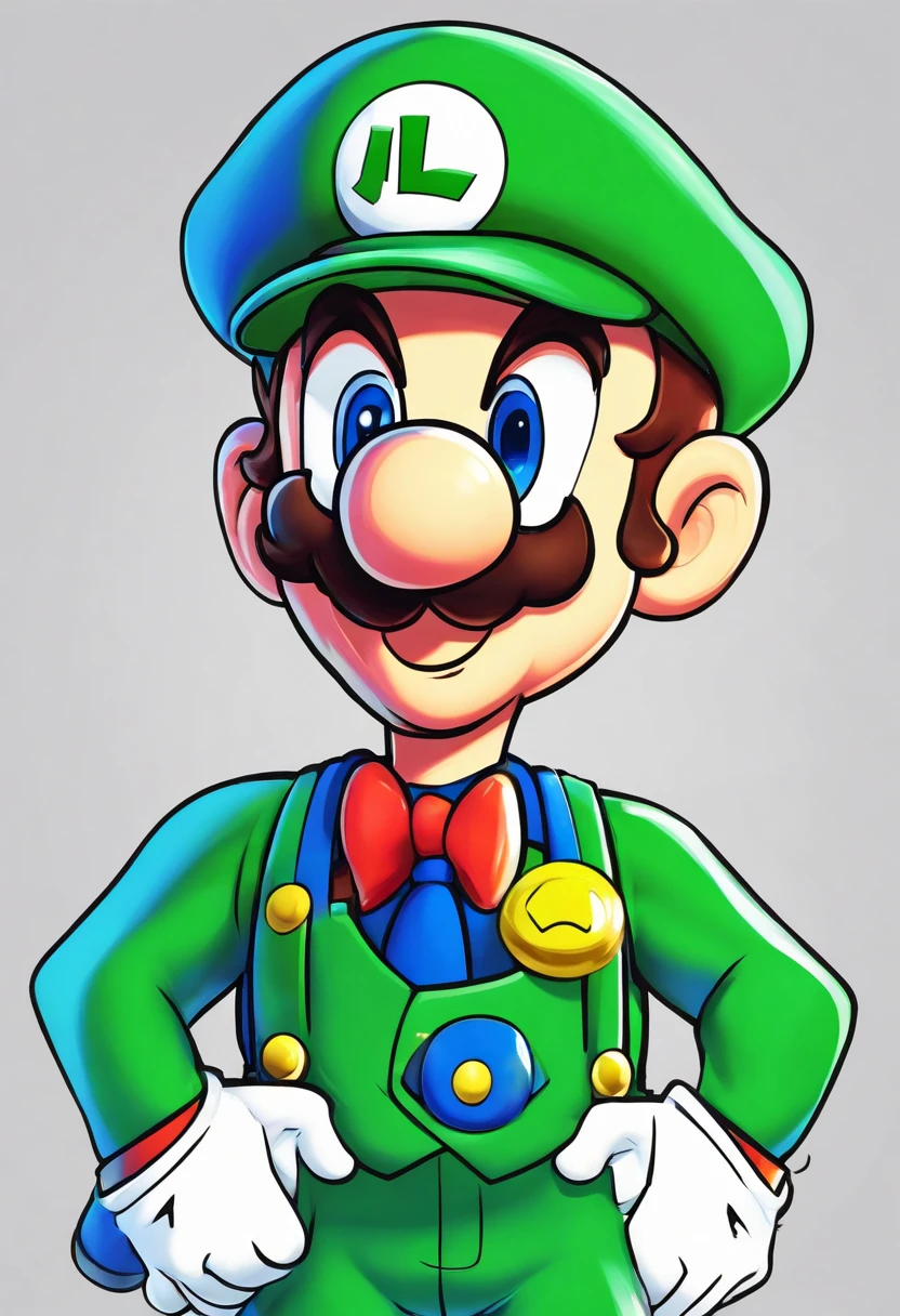 (Luigi), character design, Nintendo Super Mario, (blue eyes, green hat, green suit, navy blue suspenders, white gloves, ) smiling, blender