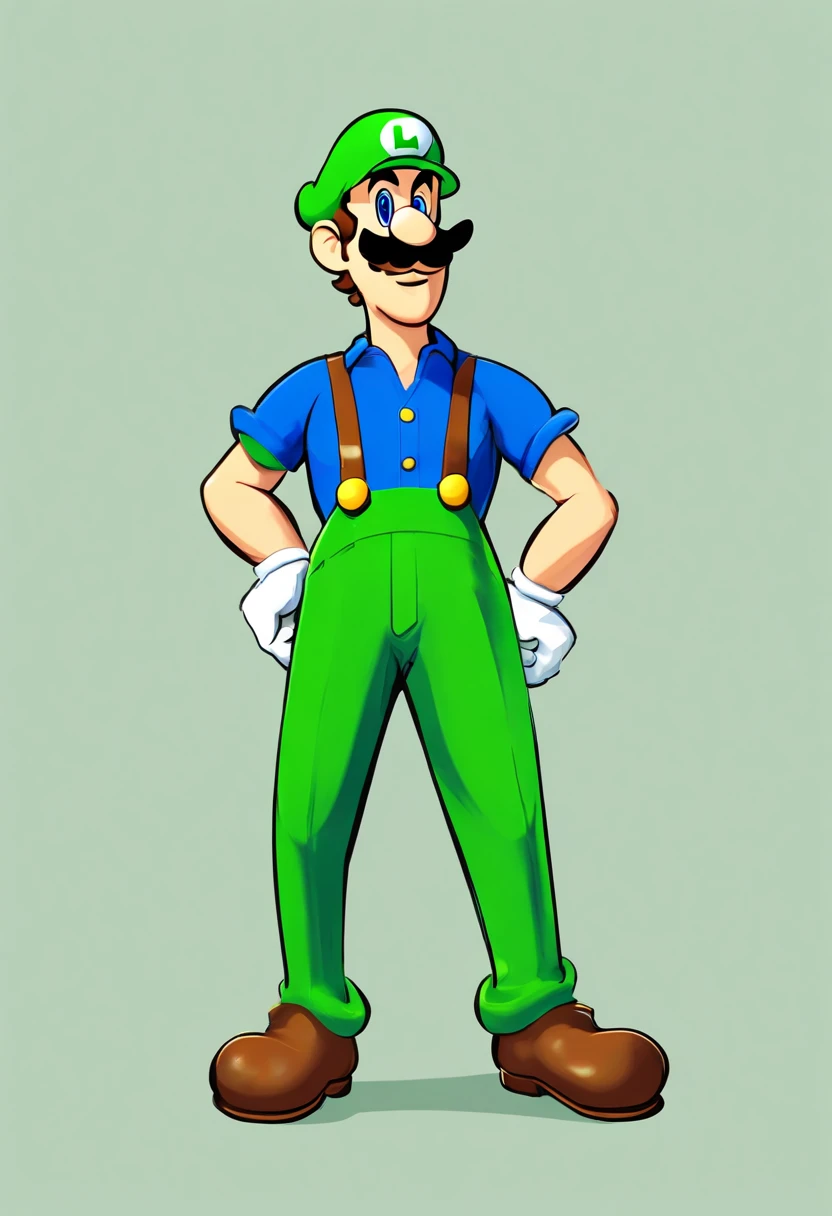 (Luigi), character design, Nintendo Super Mario, (blue eyes, green hat, green suit, navy blue suspenders, white gloves, ) smiling, blender