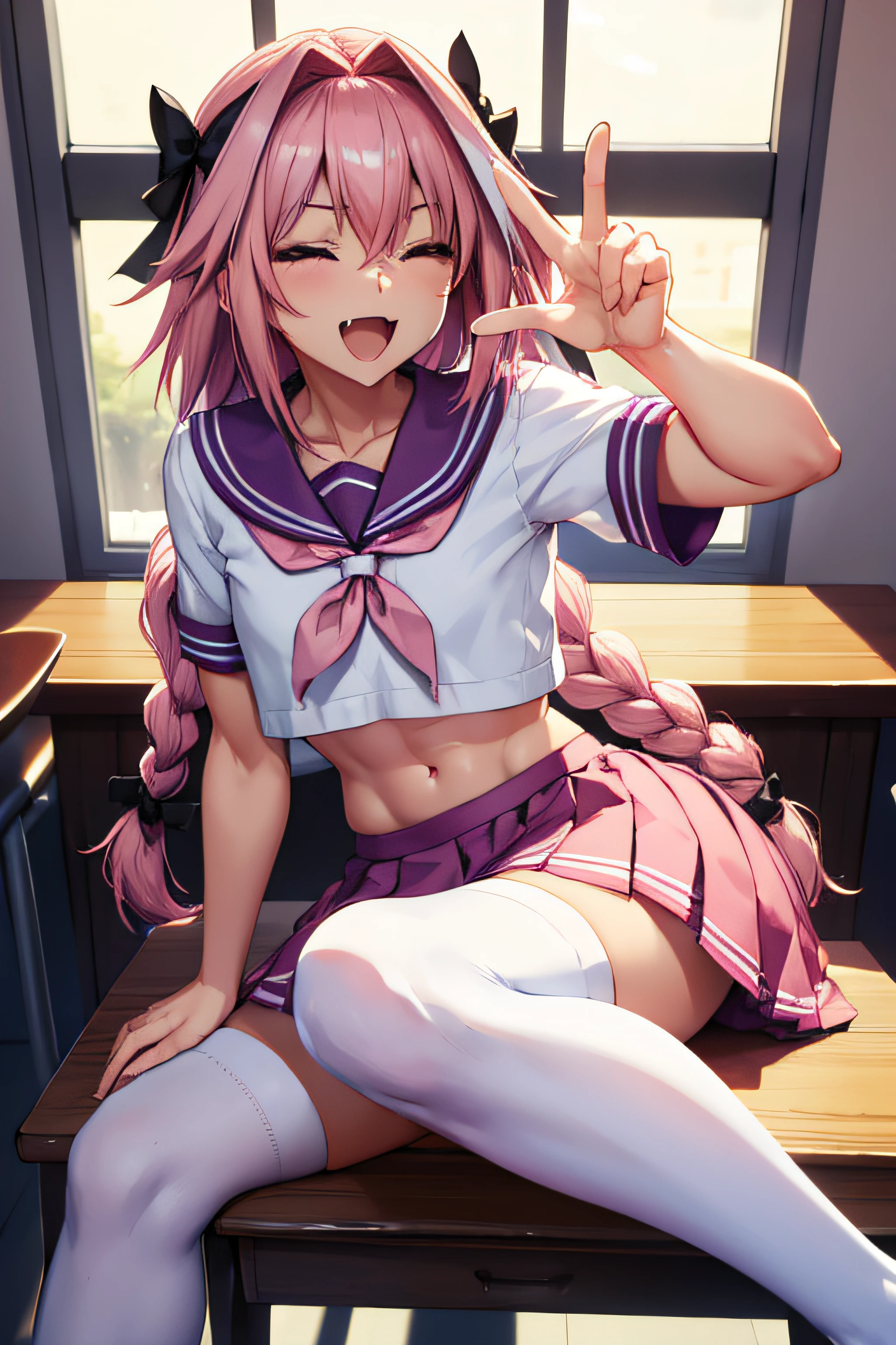 masterpiece, best quality, 1boy, Astolfo, long braid, white hair, purple eyes, short sleeves, hair bow, black bow, pleated skirt, pink hair, serafuku, white thighhighs, pink skirt, single braid, navel, flat chest, skirt, long hair, sailor collar, hair intakes, streaked hair, school uniform, sitting on chair, across tabel, food, dish, closed eyes, open mouth, fang, smiling, peace sign