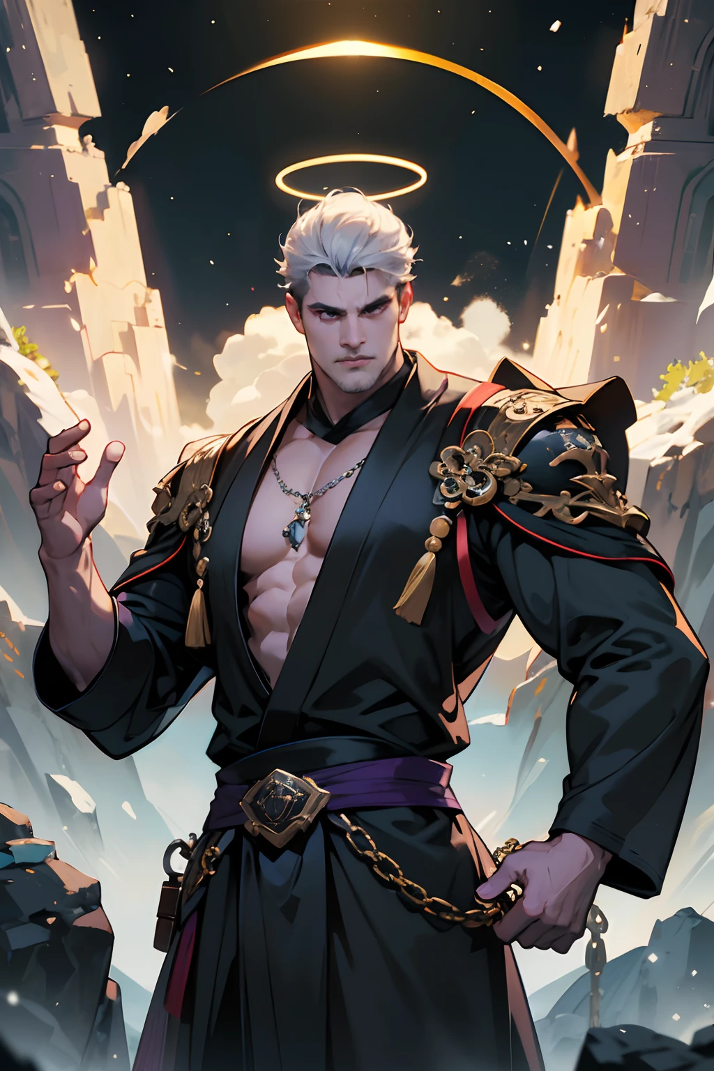 a old man, mtu,超高分辨率, best qualtiy, photore, 8K, (realisticlying: 1.2), cinmatic lighting,Short hair: a bearded giant in a glossy black robe,Floating on the rocks what ang,Purple eyes,oh, God,The beam of light enveloped his body,black-skinned,Well-developed muscles,musculature,(The halo:1.2),There is a purple diamond necklace on the chest,sbeard,mascular,darkly,tmasterpiece,best qualtiy,Complicated details,Snow environment and crystal in background,Crystal Cathedral,Portal of the future,3D light,k hd,magia,God of Light,The light from the back window is backlighted,详细的脸, Funk,depth of fields,Gentle lighting,Tone-mapping,highly detailed,concept-art,Smoothness,Clear focus,Dramatic lighting,highly detailed art,cinematic ligh,8K,amazing shadows(highly detailed back ground:1.2)