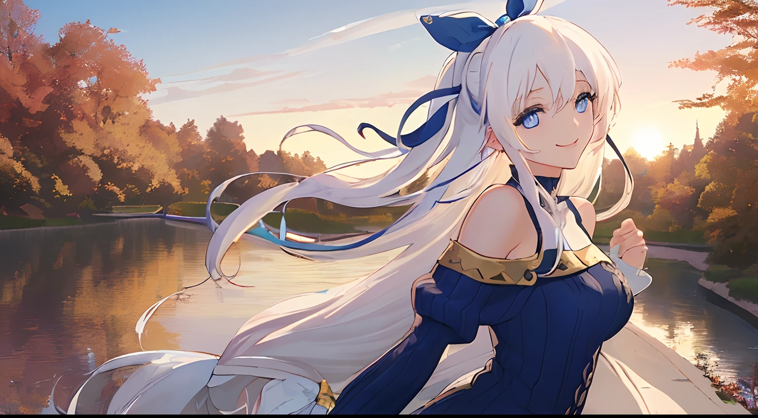 ((Masterpiece), (Best Quality)), ((((solo)))), fullbody, ((((white hair)))), long hair, ((((blue hairribbon)))), ((((blue eyes)))), happy, smile, 18yo, dynamic angle, Cold-Shoulder Sleeves, (((knit))), Hip Length, sleeves_past_wrists, sunset, Charming autumn park with golden leaves and a tranquil pond