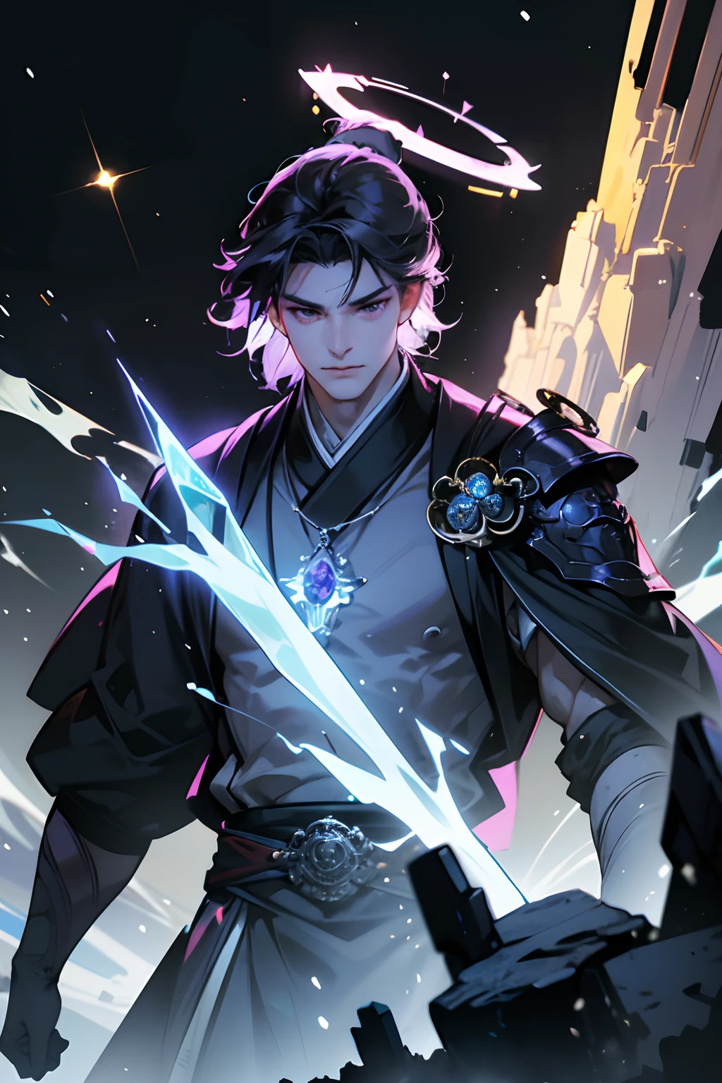 a old man, mtu,超高分辨率, best qualtiy, photore, 8K, (realisticlying: 1.2), cinmatic lighting,Short hair: a bearded giant in a glossy black robe,Floating on the rocks what ang,Purple eyes,oh, God,The beam of light enveloped his body,black-skinned,Well-developed muscles,musculature,(The halo:1.2),There is a purple diamond necklace on the chest,sbeard,mascular,darkly,tmasterpiece,best qualtiy,Complicated details,Snow environment and crystal in background,Crystal Cathedral,Portal of the future,3D light,k hd,magia,God of Light,The light from the back window is backlighted,详细的脸, Funk,depth of fields,Gentle lighting,Tone-mapping,highly detailed,concept-art,Smoothness,Clear focus,Dramatic lighting,highly detailed art,cinematic ligh,8K,amazing shadows(highly detailed back ground:1.2)