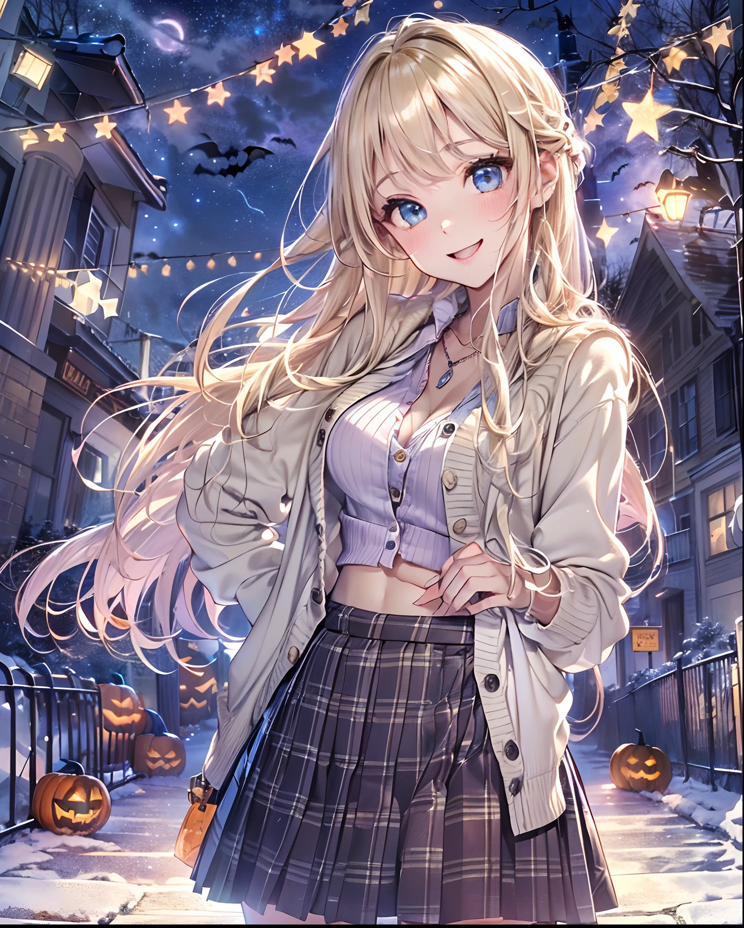 absurderes, ultra-detailliert,bright colour,(in 8K:1.3),masuter piece,extremely beautiful detailed face and eyes, (Halloween specification:1.3),(School Uniforms:1.2), (Heisei Gal:1.2), (White shirt:1.3), (Wrap a beige cardigan around your waist:1.5), ((cleavage, Unbuttoned):1.2), (Plaid pleated skirt:1.2), (Necklace,Colorful bracelets,(Loose socks:1.4),Double peace,X-Hair,Aurora、city light、constellation、Crescent,intergalactic,lamp post, Particles of light, long-sleeve, milkyway, natta, nigh sky, outside of house, planetes, Power lines, shooting stars, Skysky, Skyscraper, 独奏、Stargazing,Star_\(skyporn\)、starrysky、Winters、(Smooth straight blonde hair:1.3), (Hair parted in the middle),(Shiny hair:1.2), Delicate beautiful face, red blush、Deep Blue Eyes, (Happy smiling face:1.2),Small necklace,(Lean forward with your hands on your hips:1.4)