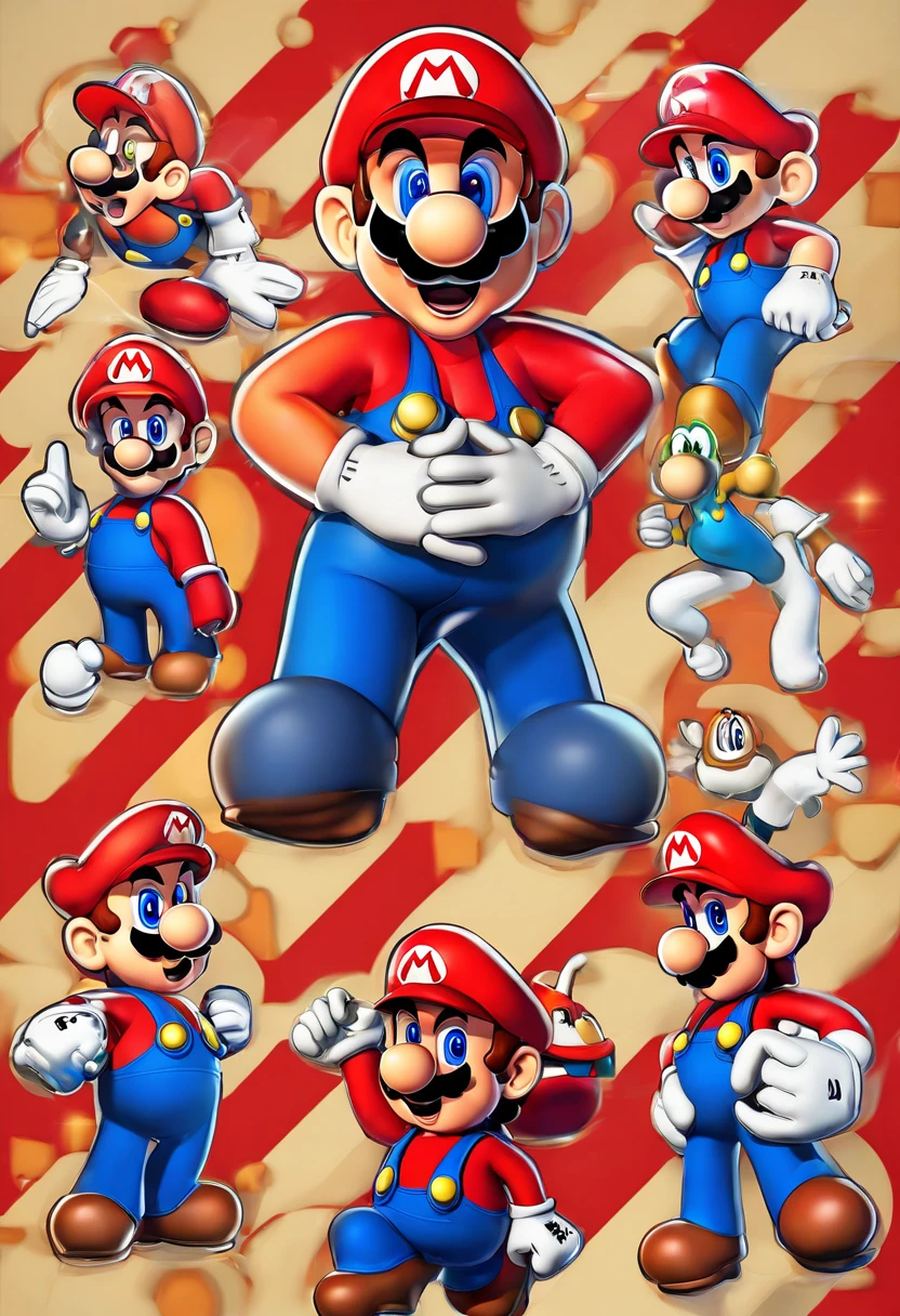 (Mario), design de personagens, Nintendo Super Mario, (olhos azuis, red hat, terno vermelho, blue suspenders, luvas brancas, )super bonito estilo caixa cega, Chibi, corpo inteiro, exaggerated expressions and actions, fundo limpo, Destaques iridescentes brilhantes, studio lighting, Atmospheric Illumination, com textura requintada, High detail, high resolution, c4d, ..3d, Liquidificador, 8k, best quality, Ultra High Definition