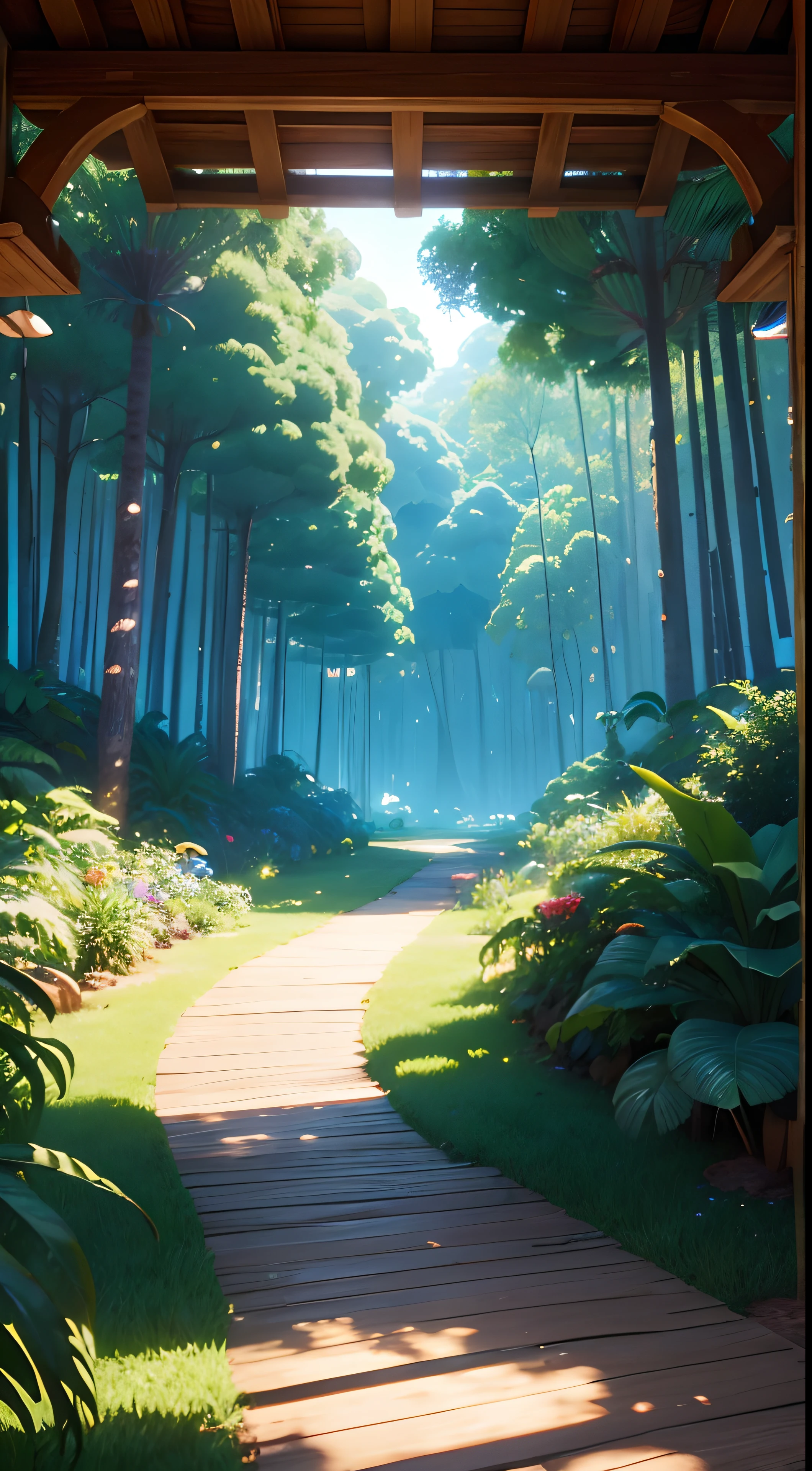 Disney, Pixar, Divertido fondo de estilo de dibujos animados, selva tropical, cielos azules, fun, mushrooms, ((Bosque encantado)), panorama view, high resolusion, (Colores saturados), ..3D, 4k