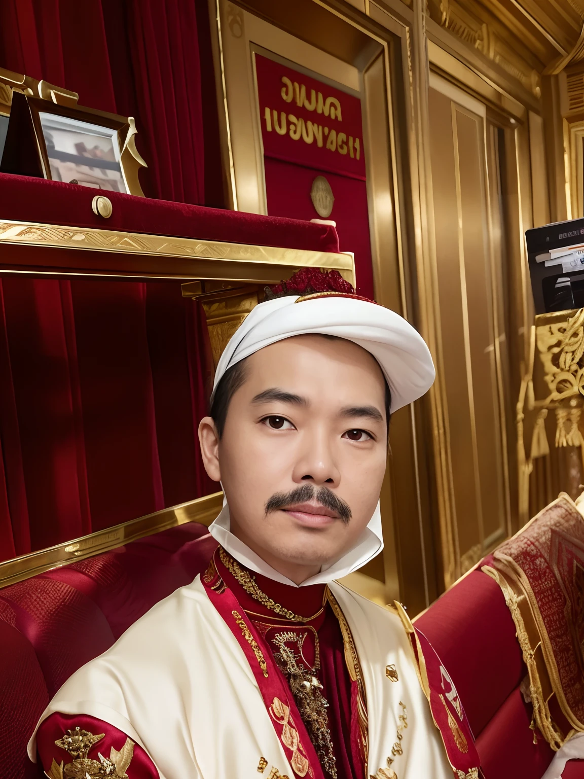 a close up of a person sitting on a red carpeted stair, inspired by Basuki Abdullah, emir, traditional clothes, inspired by Rudy Siswanto, inspired by Altoon Sultan, ornate attire, beautiful androgynous prince, royal attire, raden saleh, wearing gilded red royal robes, majesty in noble clothes, jokowi, aristocratic appearance