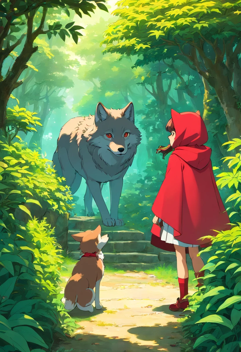 In the bushes，A cunning wolf quietly observes Little Red Riding Hood in the distance，Look at the back of Little Red Riding Hood，There was ill intent in his eyes。in the style of Hayao Miyazaki