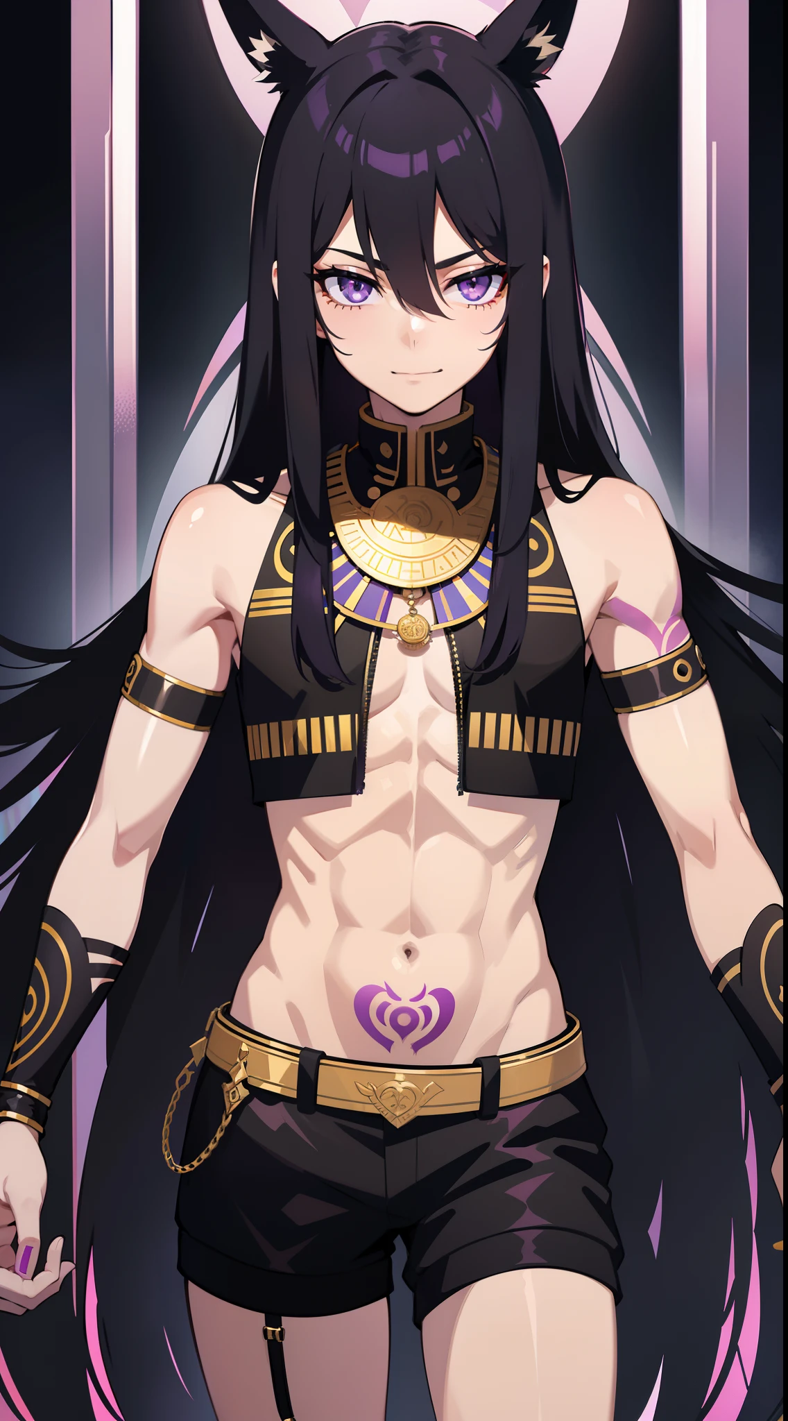 Young guy, long black hair, purple strands, violet eyes, smirk, tattoo, pharaoh, Egyptian Prince, Anubis, open torso, musculature, Masterpiece, hiquality, 4k, HD, Good detail