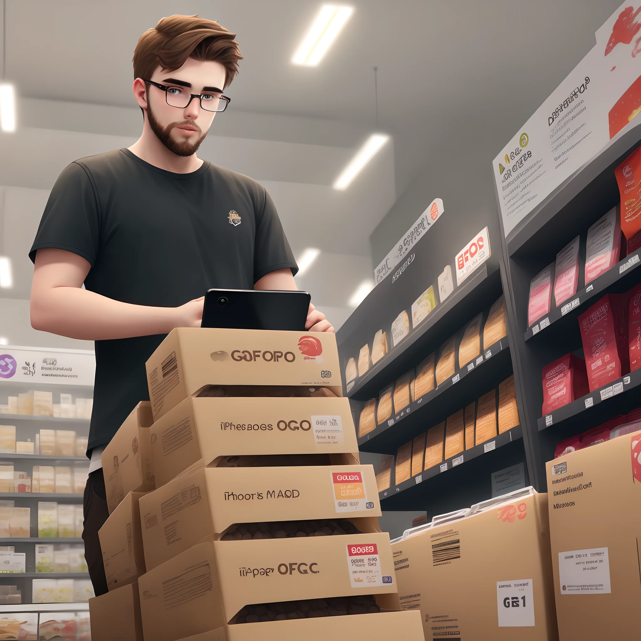 21 year old man with brown hair and beard wearing square model glasses using an iPhone in an import store with the word agro office behind