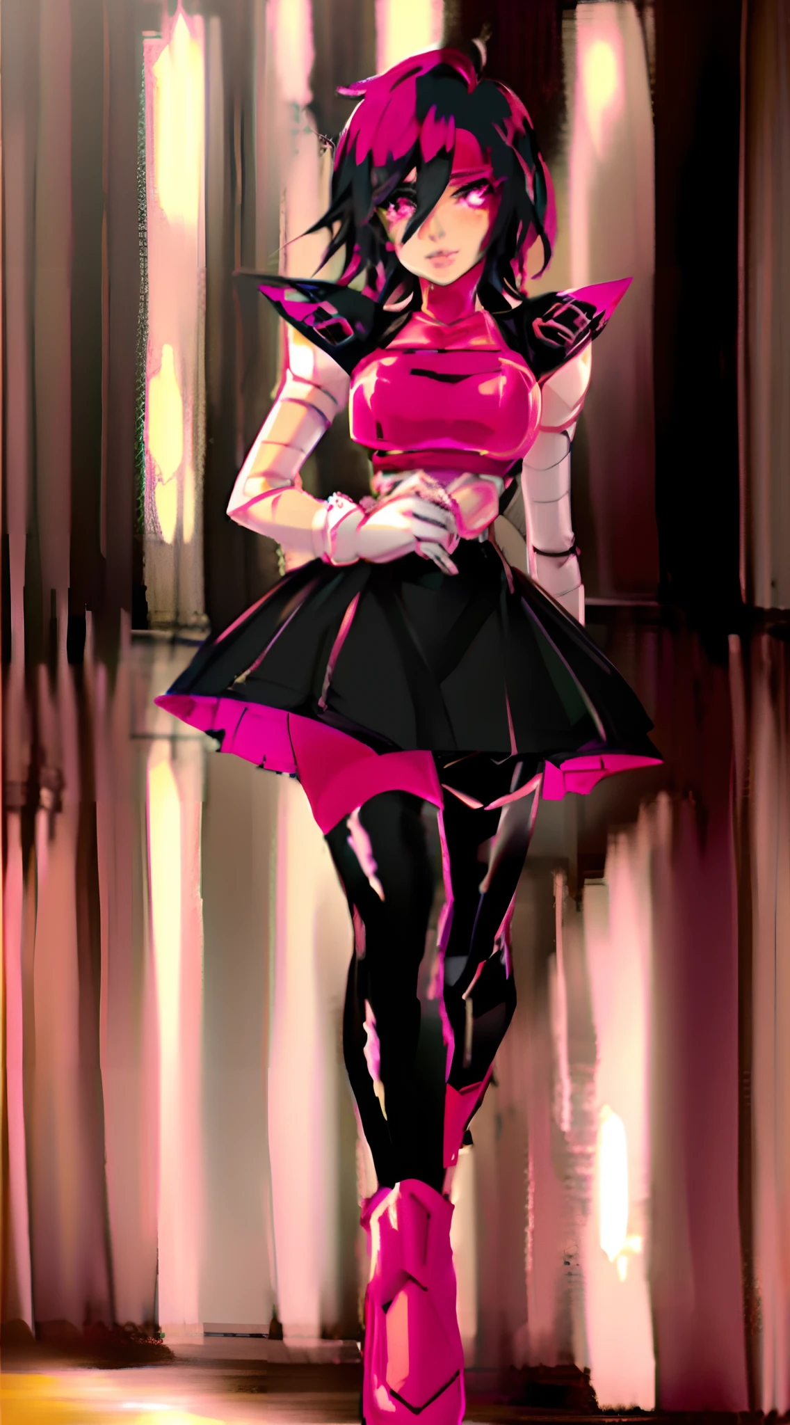 Ryuko Matoi wearing a latex Mettaton suit, right-fitting spandex, evening attire, heeled boots, hot pink heels, hot pink arm gloves, walking midday. (best quality,4k,8k,highres,masterpiece:1.2), ultra-detailed, (realistic,photorealistic,photo-realistic:1.37), HDR, UHD, studio lighting, ultra-fine painting, sharp focus, physically-based rendering, extreme detail description, professional, vivid colors, bokeh, portraits, gothic, vibrant color scheme.