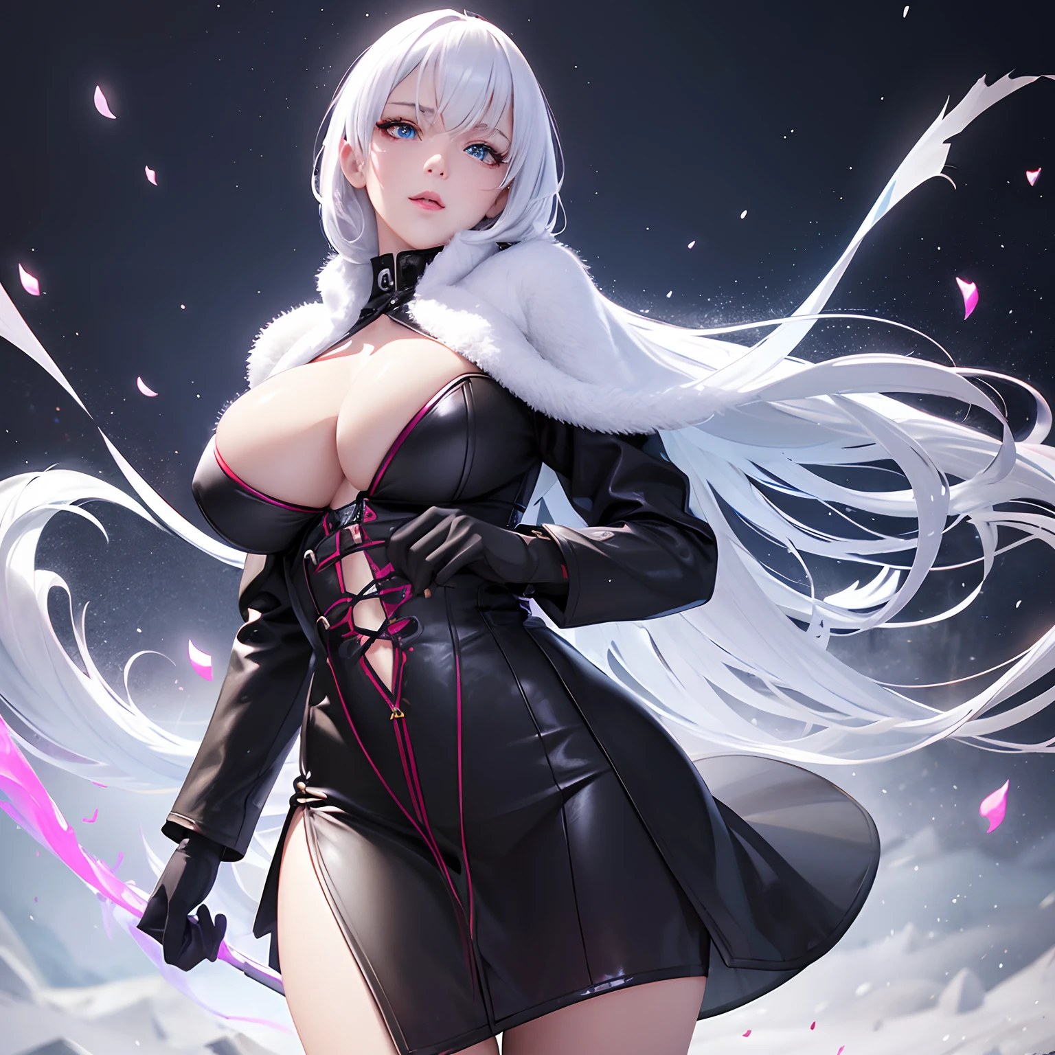 finest image, (8k, RAW photo, realistic), detailed and delicate depiction and flashy and dynamic painting method, cool beauty female, iridescent white flowing layered short hair, blue shining big eyes, long eyelashes, double eyelids, half open crimson alluring moist big thick lips, amorous expression, lewd expression, huge breasts, abs, slender, perfect proportion, hot pink lace micro mini bra and panty, long black leather coat without buttons, black Ushanka, blurry background snow field, falling snowflakes and ice crystals, fantasy, many red petals, iridescent golden particles, iridescent light, professional lighting