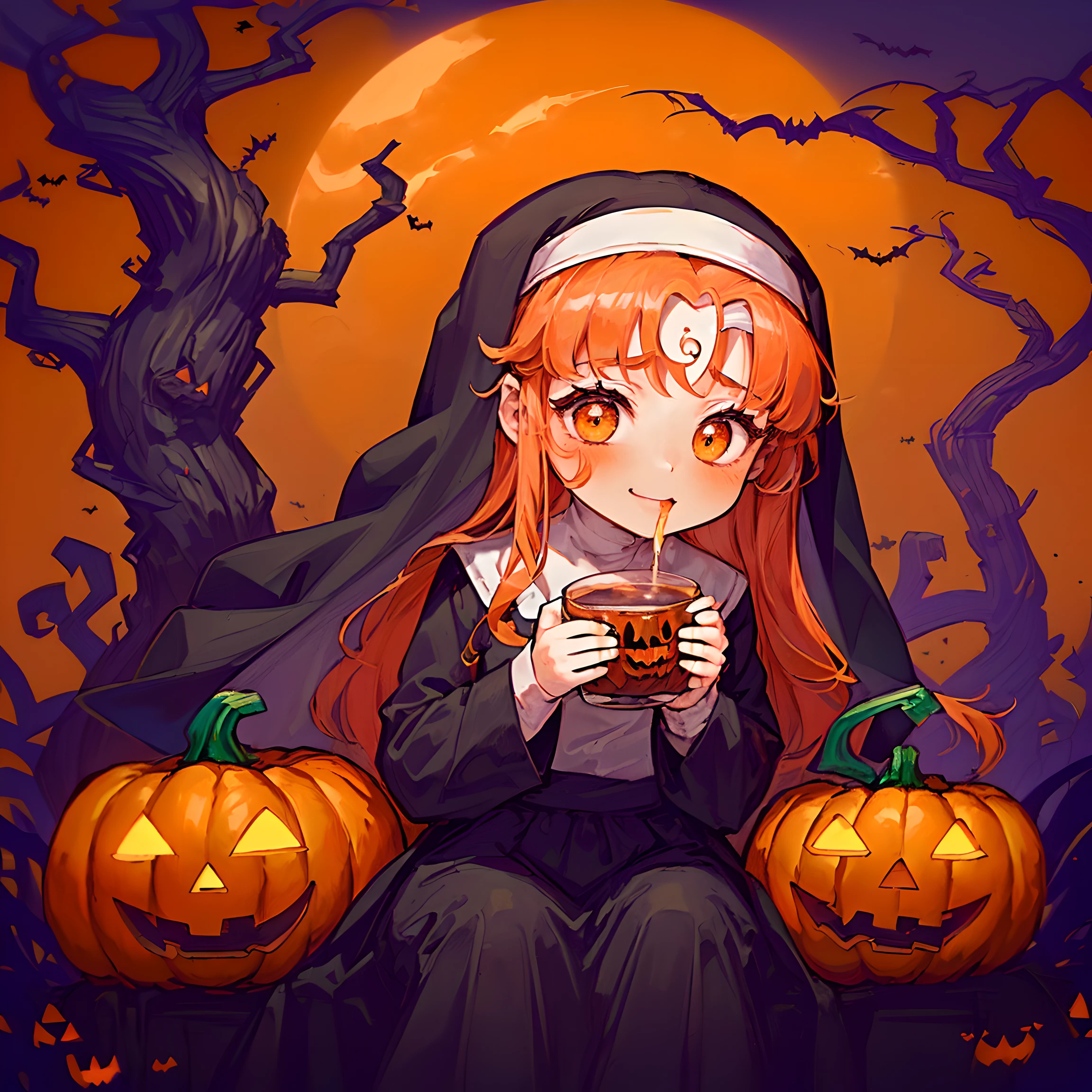 (Halloween theme:1.5), (magic:1.5), (fantasy:1.5), (centered image:1.5), (dark night sky:1.5), (cloud:1.5), (chibi emote:1.5), (chibi character:1.5), (Halloween tea party:1.5), (pumpkin monster:1.5), (cute ghost:1.5), (medusa:1.5), (mummy:1.5), (orange theme clothes:1.5), (drinking a cup of tea:1.5), (nun:1.5), (zombi:1.5), (trick or tree:1.5), (happy halloween:1.5), (orange theme:1.5), (many monsters and people:1.5),