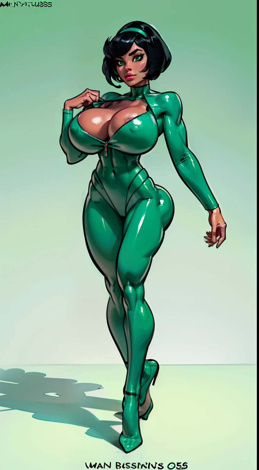 ((masterpiece)),(((best quality))), ((character design sheet:1.4)), ((full body view)) illustration,1girl, muscular, ((mintgreen business suit:1.4)), buttercup, (mintgreen hairband),((black hair:1.4)), greensuiys ((detailed face:1.4)) ((gigantic breasts:1.3)), beautiful woman, slick bobcut, shiny skin, (thick legs), scribbles and marks, , rough sketches, pose, 8k,16k, (simple background, white background: 1.3)