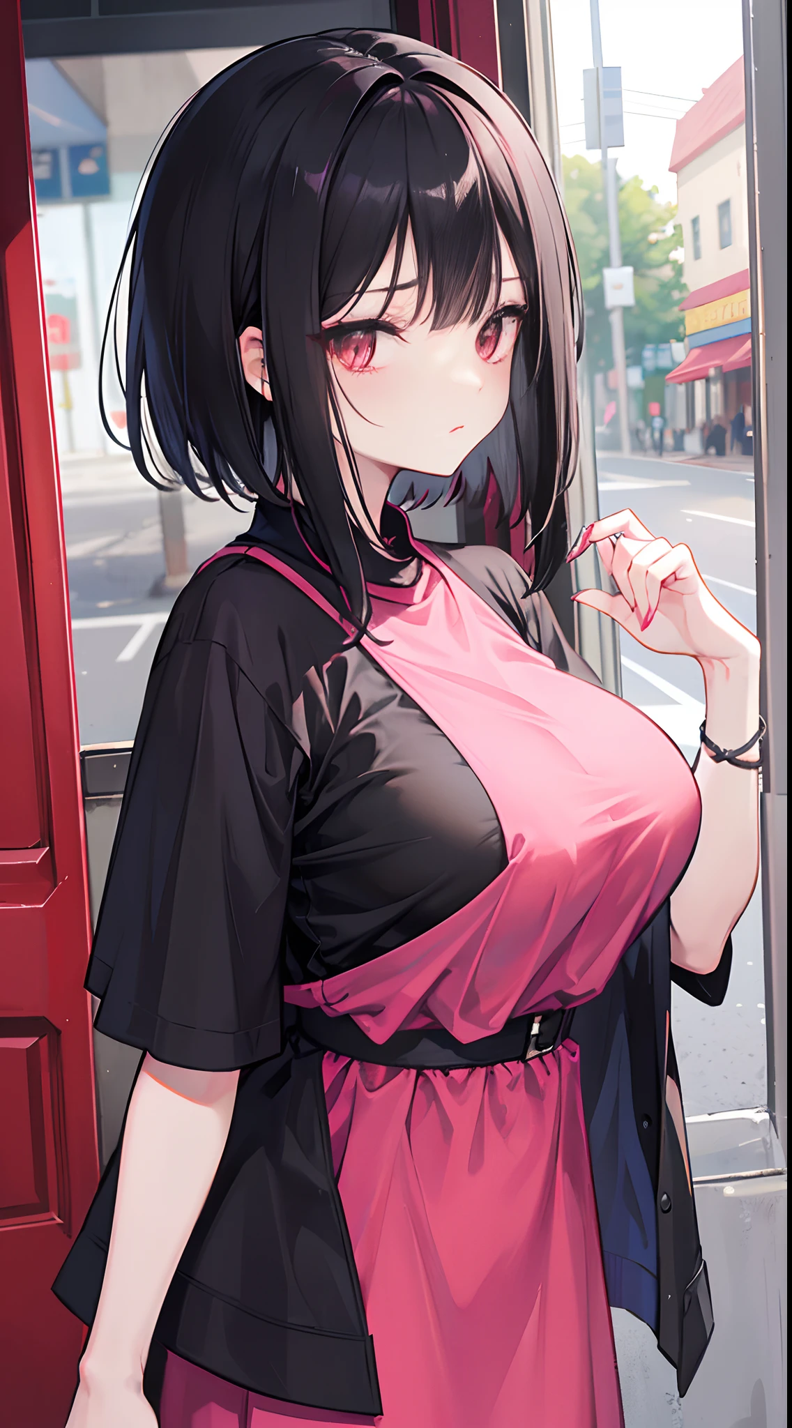 A woman with short black hair and pink-red eyes......... Long hair She walked out the door with a sleepy expression on her face.........Wear a Halloween-themed shirt....... Slim profile, Fair-skinned, large boobs, Slightly blushing.........,