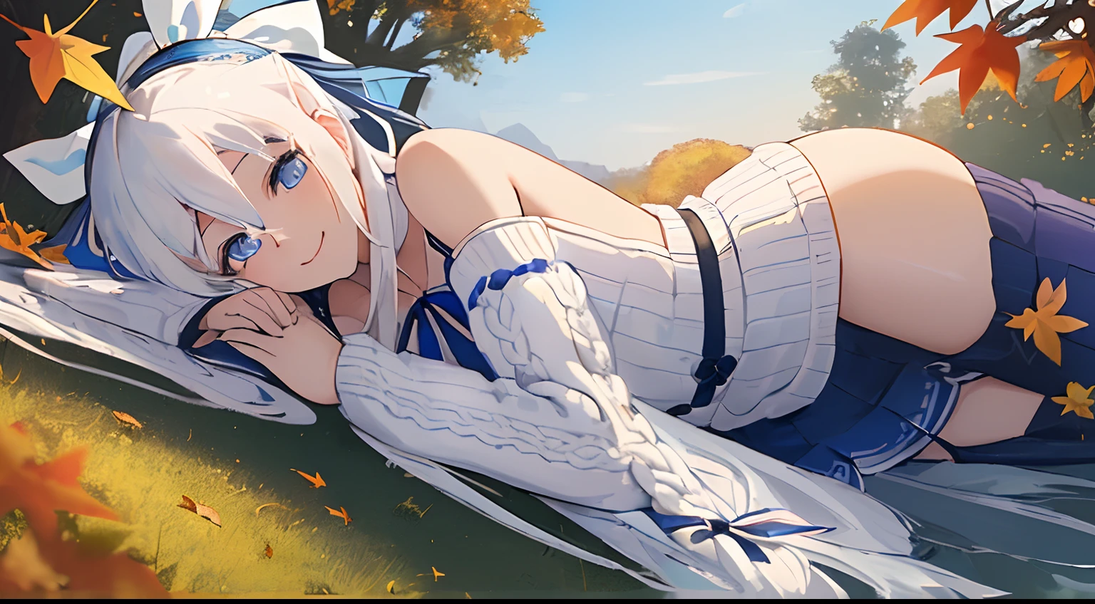 ((Masterpiece), (Best Quality)) (super detailed), ((((solo)))), fullbody, ((((white hair)))), long hair, ((((blue hairribbon)))), ((((blue eyes)))), smile, 18yo, dynamic angle, Cold-Shoulder Sleeves, (((knit))),  Hip Length, sleeves_past_wrists, mini skirt, sunset, Charming autumn park with golden leaves and a tranquil pond
