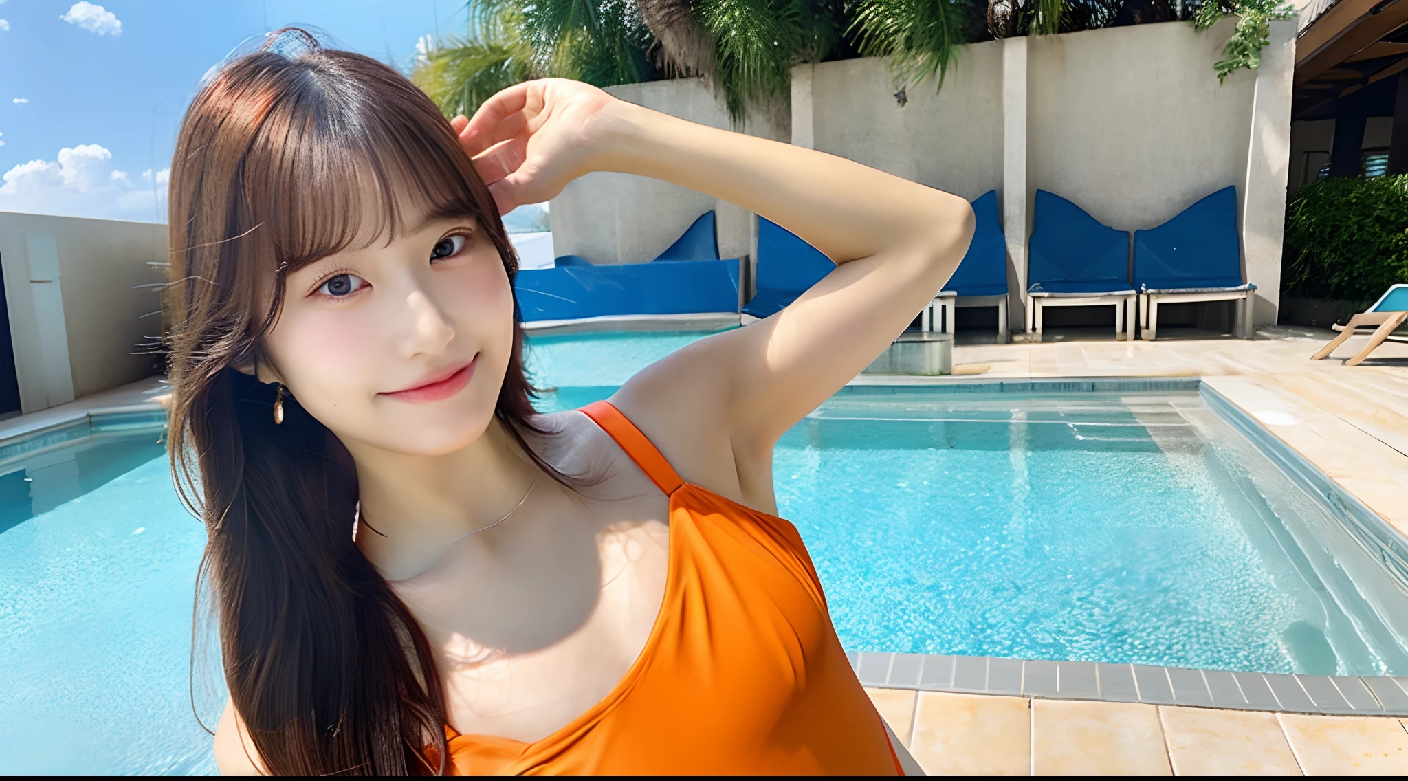 Beautiful woman 18 years old in an orange swimsuit