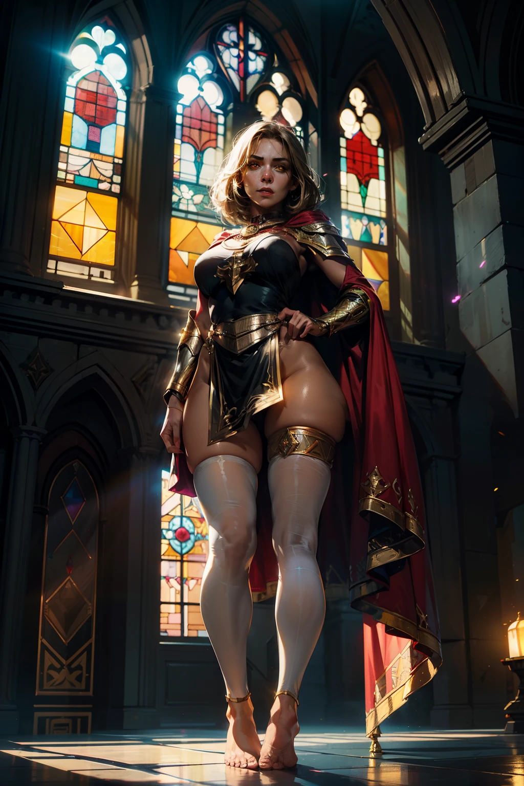 low angle, from below, paladin templar lady in white tabard, legwear, glowing yellow eyes, collar, golden chainmail, wide hips, barefoot, pauldrons, eye focus, red cape, palace indoors, decorations, stained glass windows, night, particles, chromatic aberration, detailed, cinematic, dark scene, fantasy