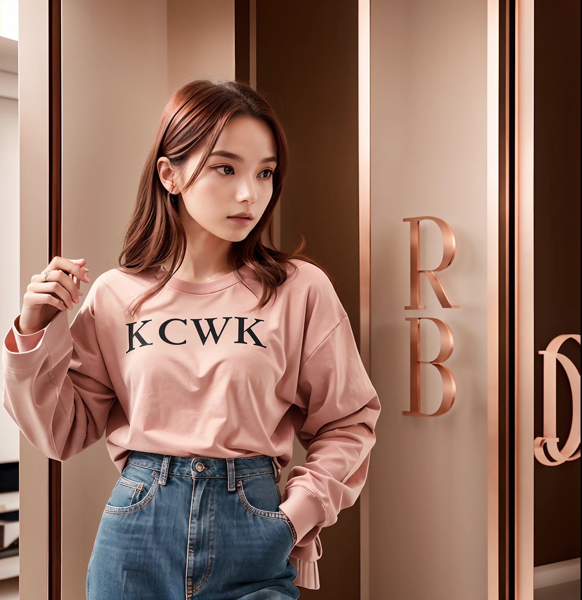 Photo of a minimalist, modern, and elegant logo for a women's clothing store, prominently featuring the letters K and W. The letters are designed in a rose gold color, standing distinctly apart without merging, conveying a sense of sophistication and contemporary charm. --auto --s2