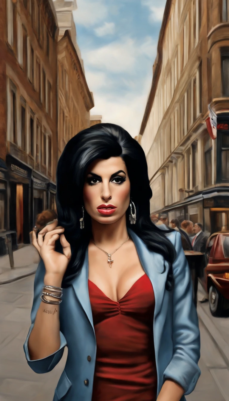 "Artista Amy Winehouse, cantora famosa, em uma obra-prima de imagem hiper-realista. The focus is sharp, featuring an award-winning close-up of her signature black hair. Amy Winehouse, vestindo um traje azul apertado, It is depicted on a busy city sidewalk, with facial features, Highly detailed hands and eyes. The picture is in 8K Ultra HD and 4K, ensuring the highest quality and definition."